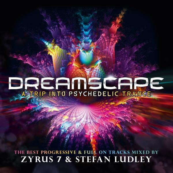 Albumcover von Dreamscape. Farbenfrohe, abstrakte Kunst. Weißer Text auf schwarzem Grund.