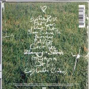 CD-hoes op gras, tracklist in witte letters, met barcode en hartvormige krabbel.