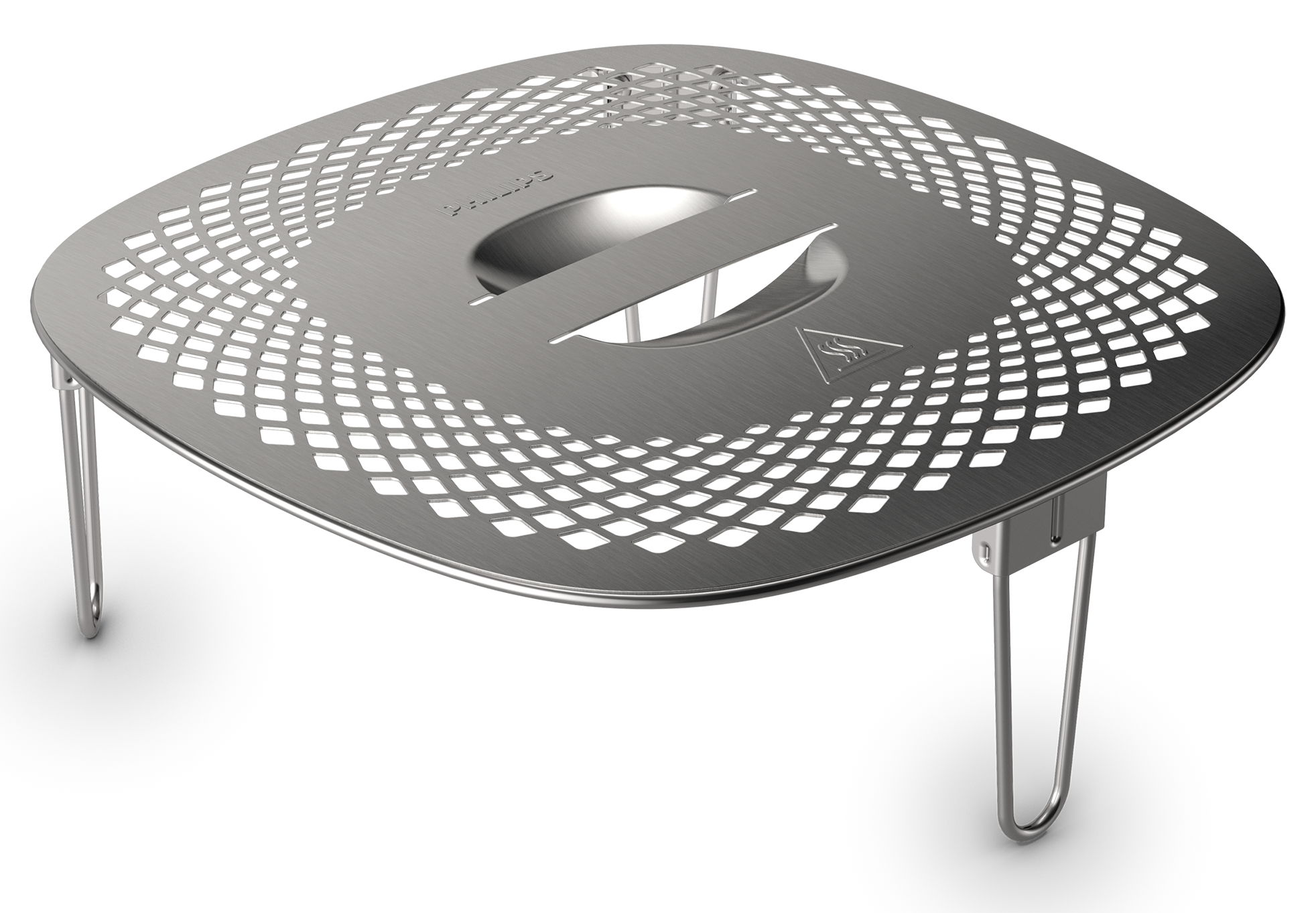 Een zilveren vierkante grill met poten. De grill heeft een ruitpatroon en een centrale opening.
