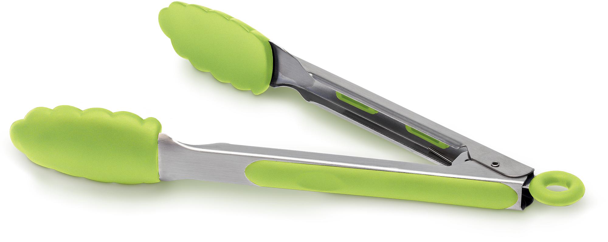 Groene siliconen tang met metalen handvatten en een zwarte achtergrond.