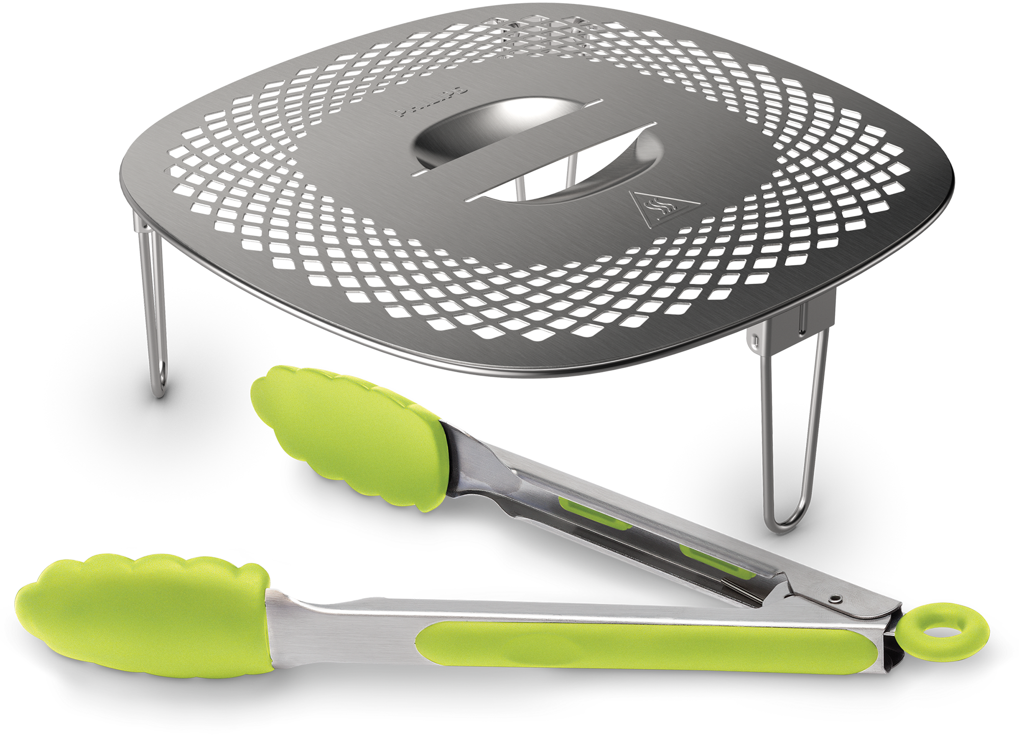 Rvs grill met groene siliconen tang. Grill is vierkant en heeft poten.