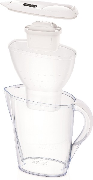 Un sistema de filtro de agua Brita blanco desmontado, mostrando las partes: filtro, embudo y jarra.