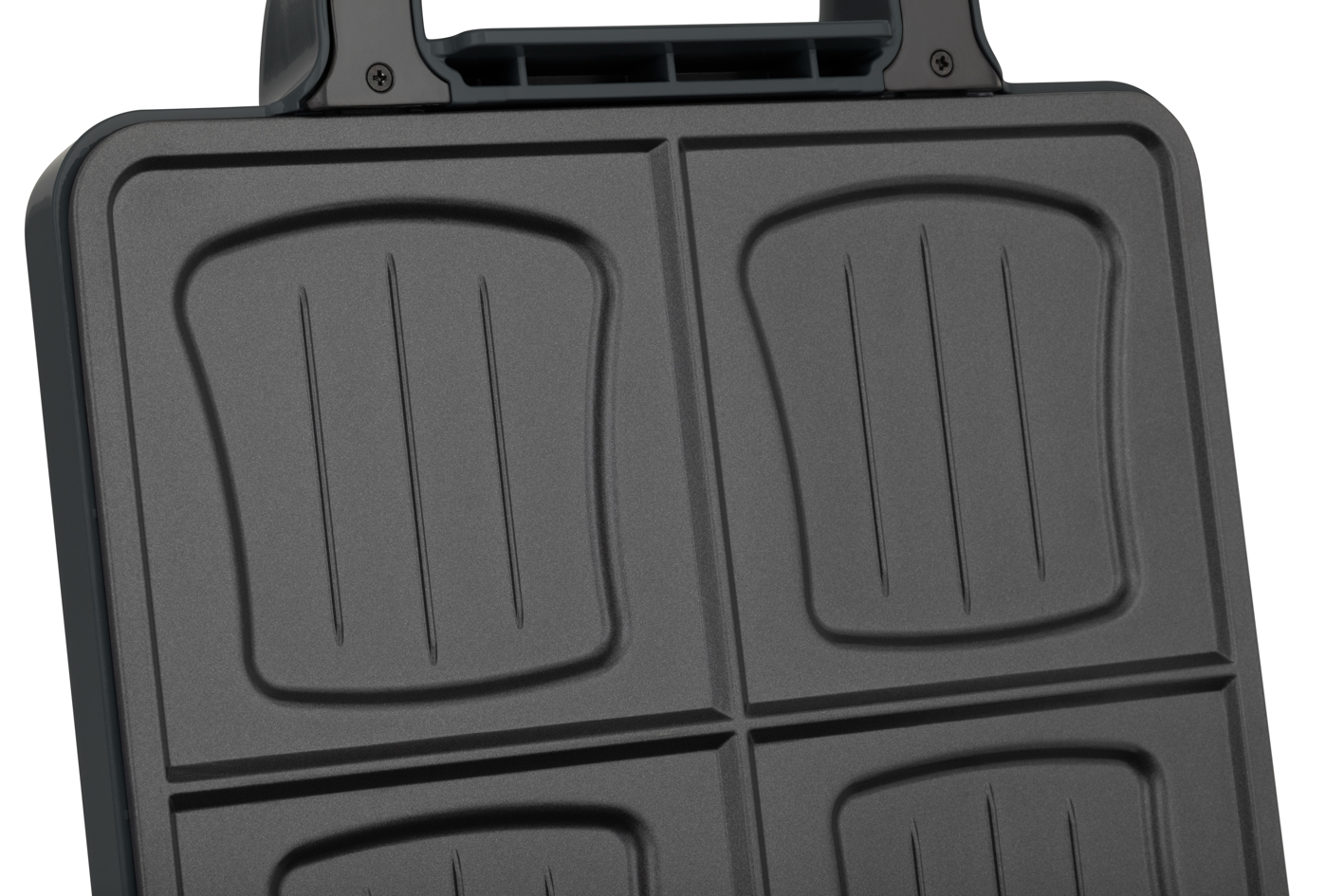 Sandwich maker noir, vue de dessus, avec quatre sections en forme de pain.