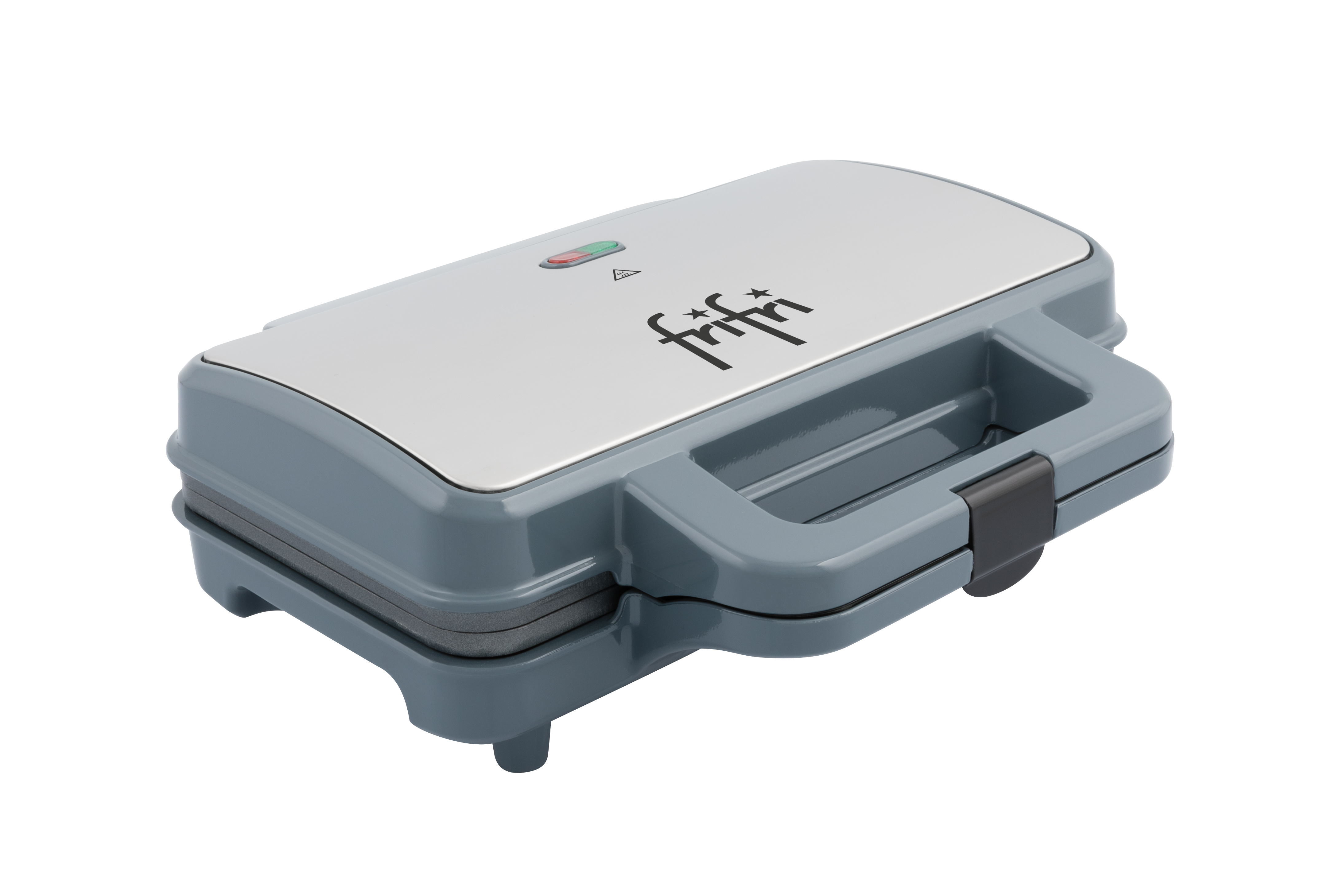 A gray and silver waffle maker on a white background. The word 'frifri' is visible.