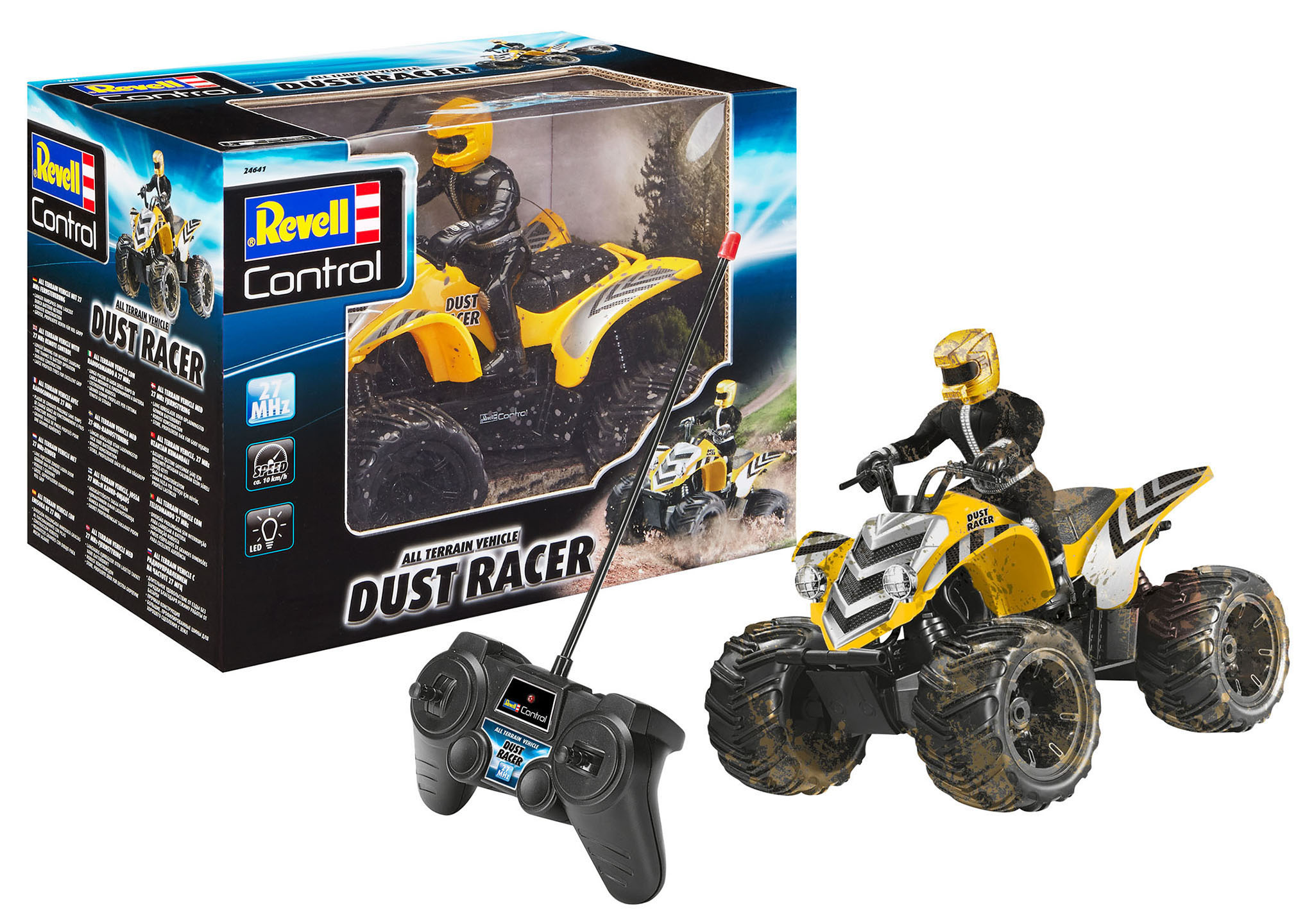 Ferngesteuertes Spielzeug-ATV in Gelb und Schwarz, mit Fernbedienung.