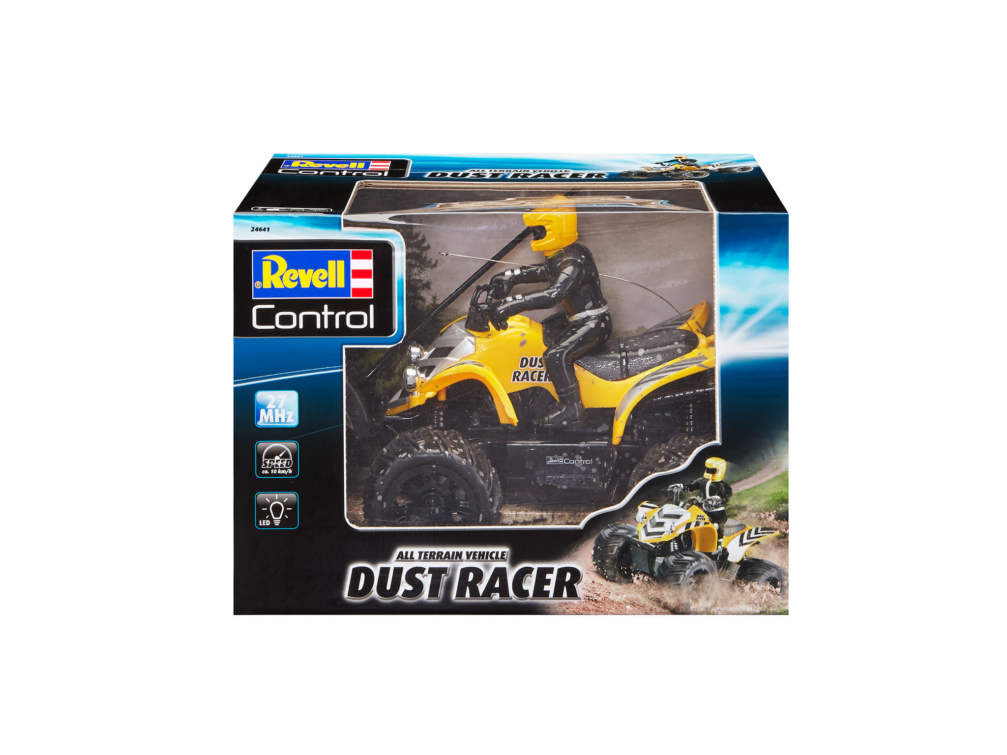 Spielzeug-ATV in einer Box mit Fahrerfigur, Text auf der Box.