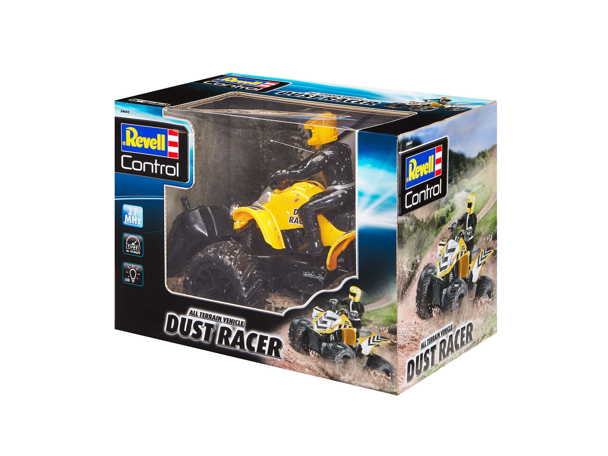 Schachtel eines Spielzeug-ATV, das das Spielzeug und einen Fahrer zeigt. Die Schachtel hat Revell Control Branding.