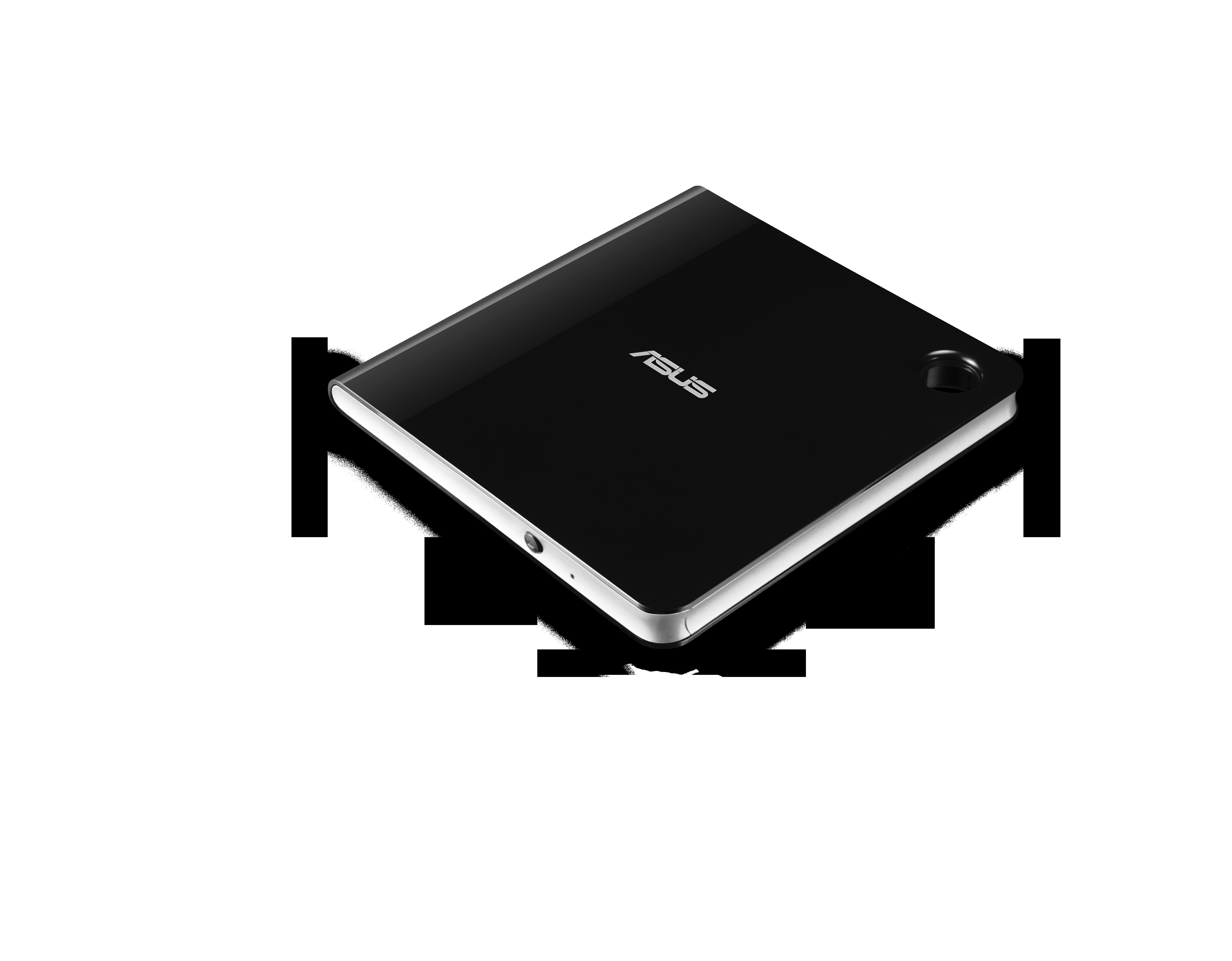 Schwarzes ASUS-Tablet auf Weiß. Draufsicht. Das Tablet hat eine glänzende schwarze Oberfläche.