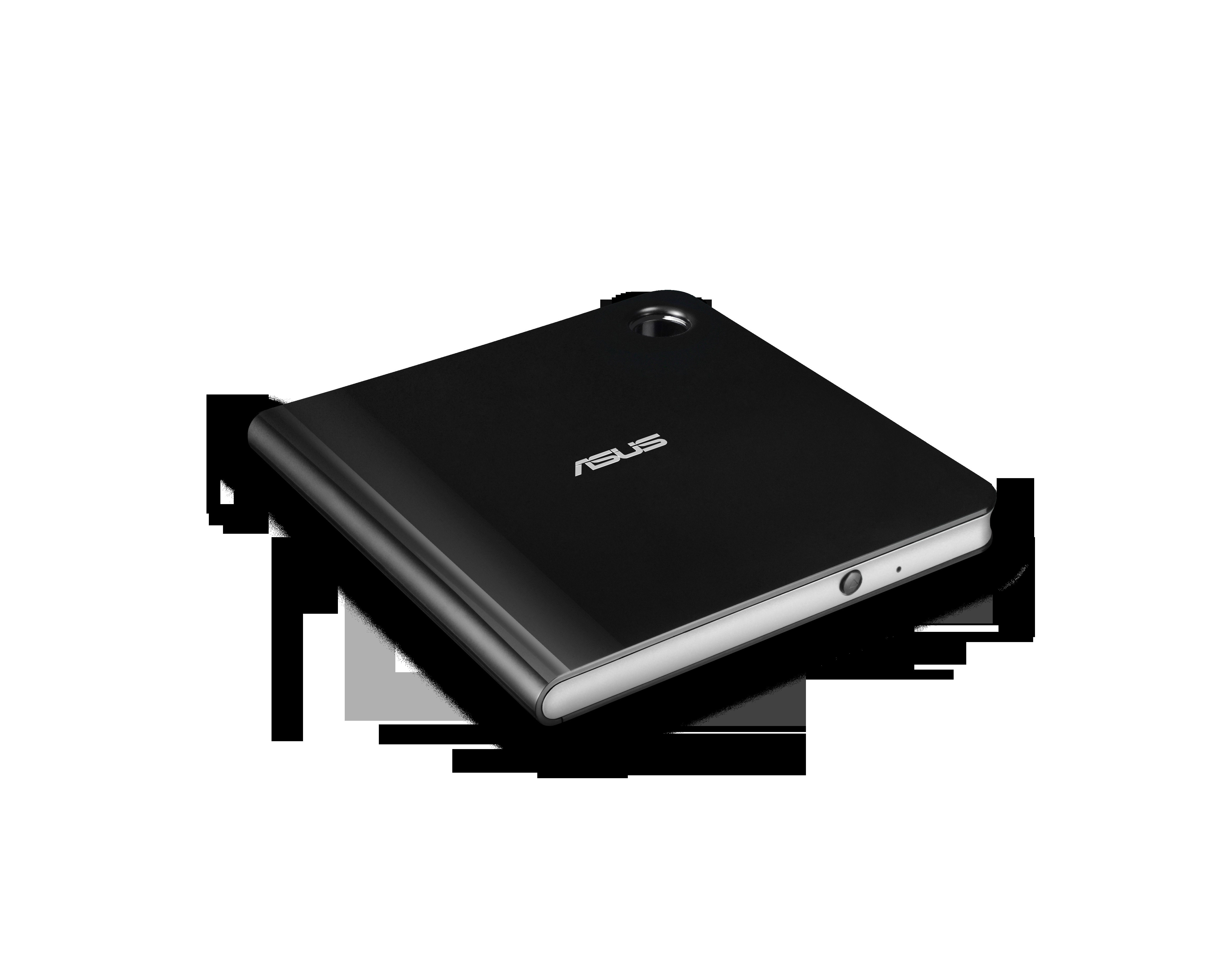 Schwarzes Tablet mit Asus-Logo und Kamera, isoliert auf weißer Oberfläche.