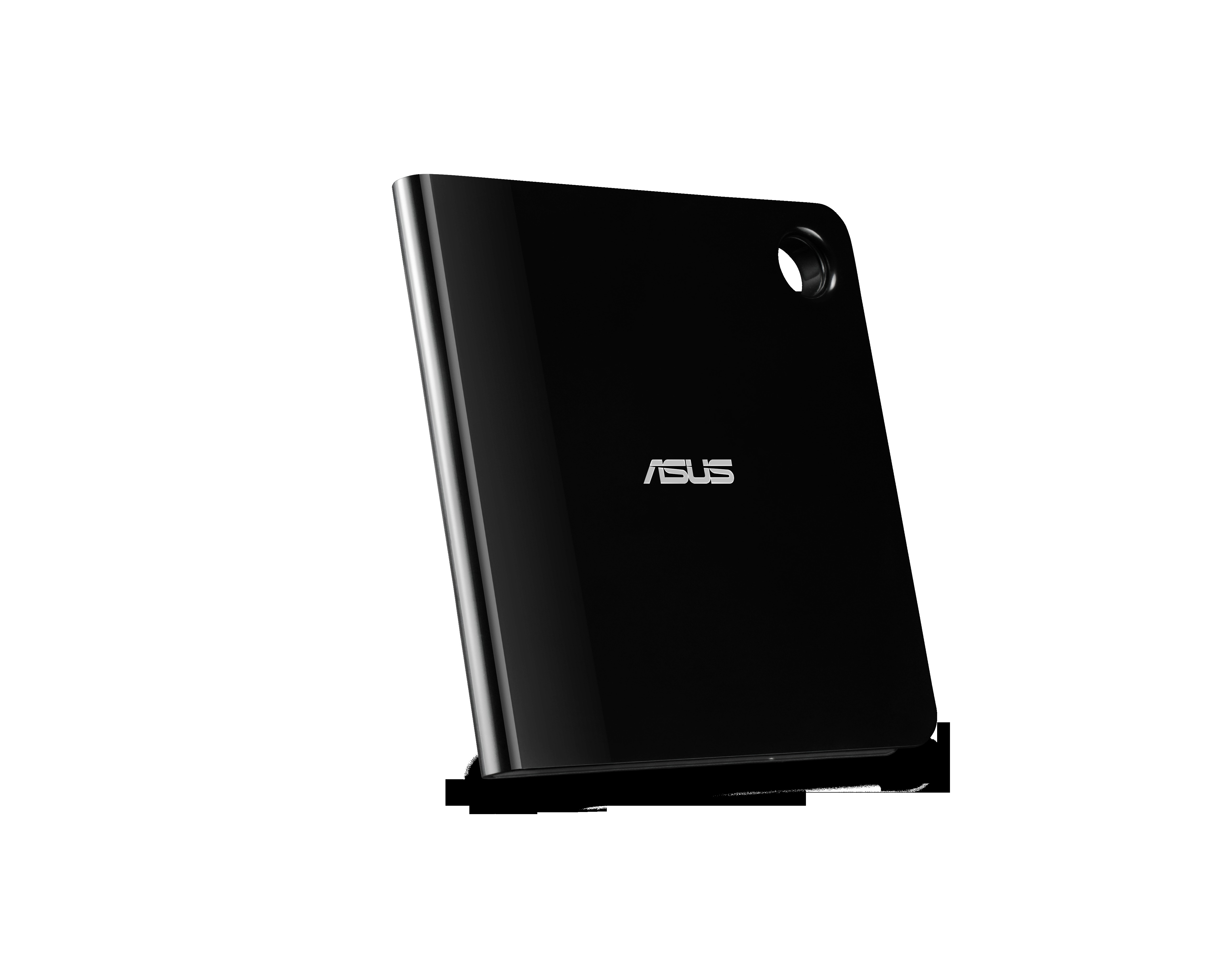 Ein schwarzes ASUS-Tablet, abgewinkelt, mit dem ASUS-Logo sichtbar, vor weißem Hintergrund.
