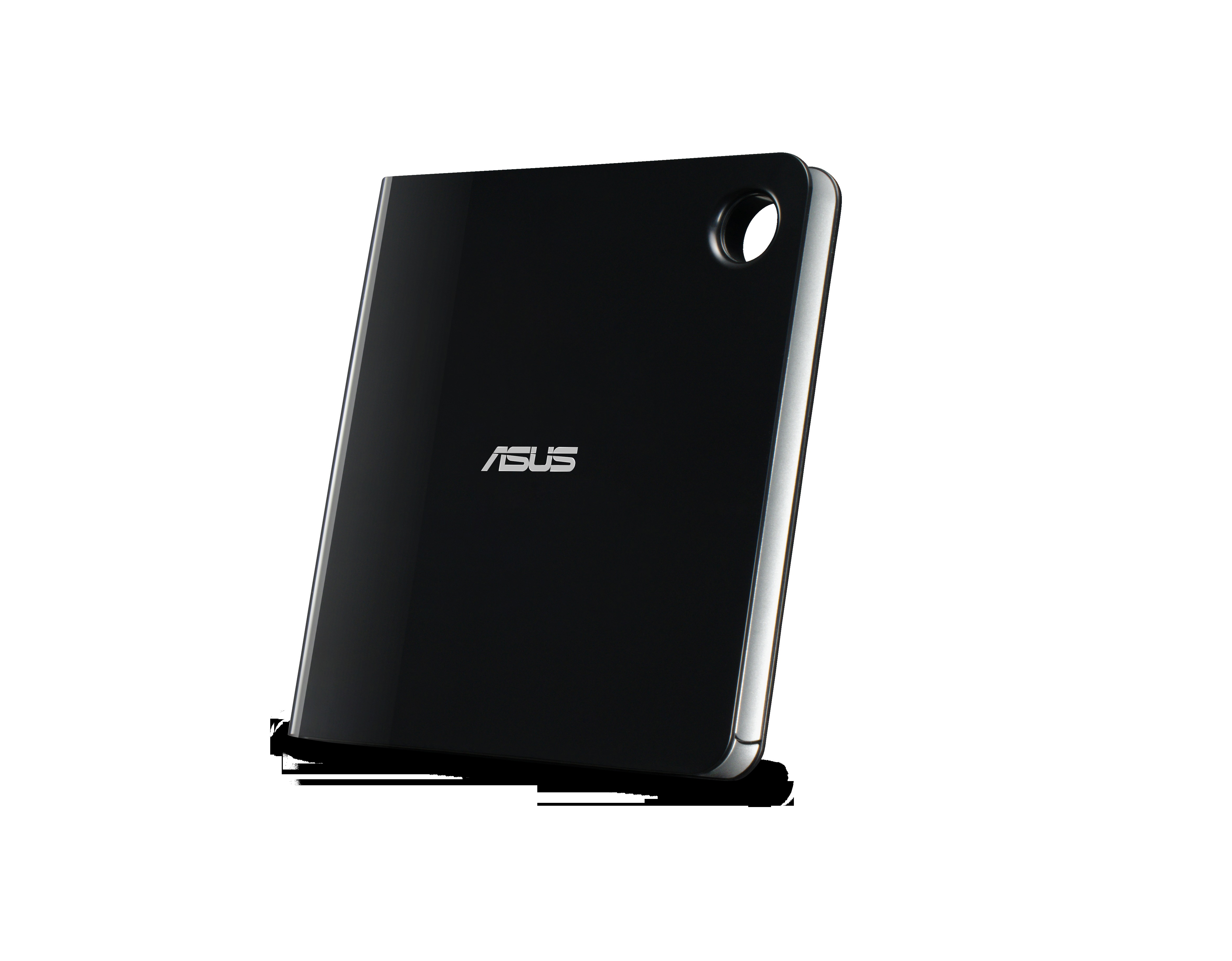 Ein schwarzes ASUS-Tablet mit sichtbarem Markennamen, isoliert auf Weiß.