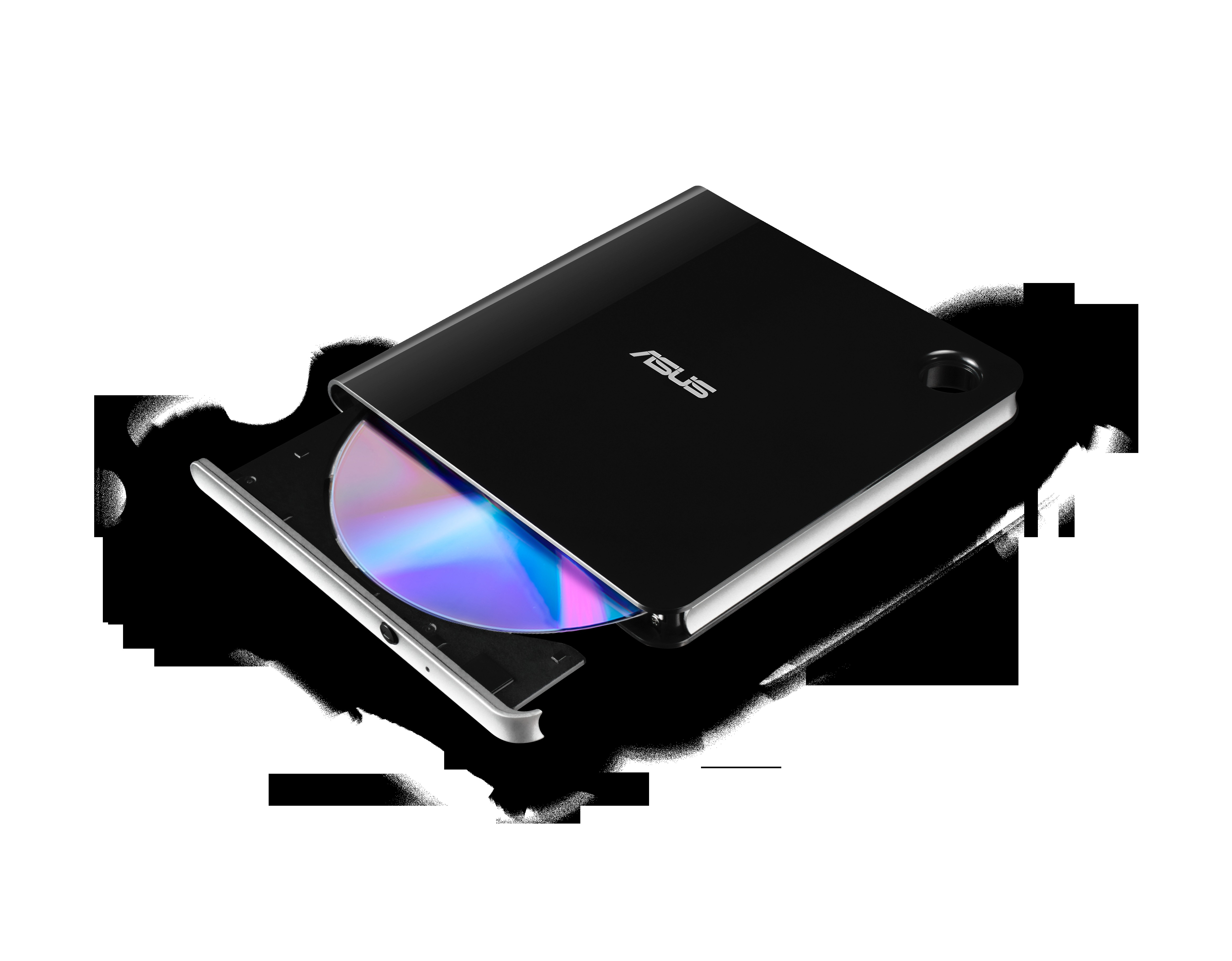 Schwarzes ASUS DVD-Laufwerk mit eingelegter CD und geöffnetem Fach.