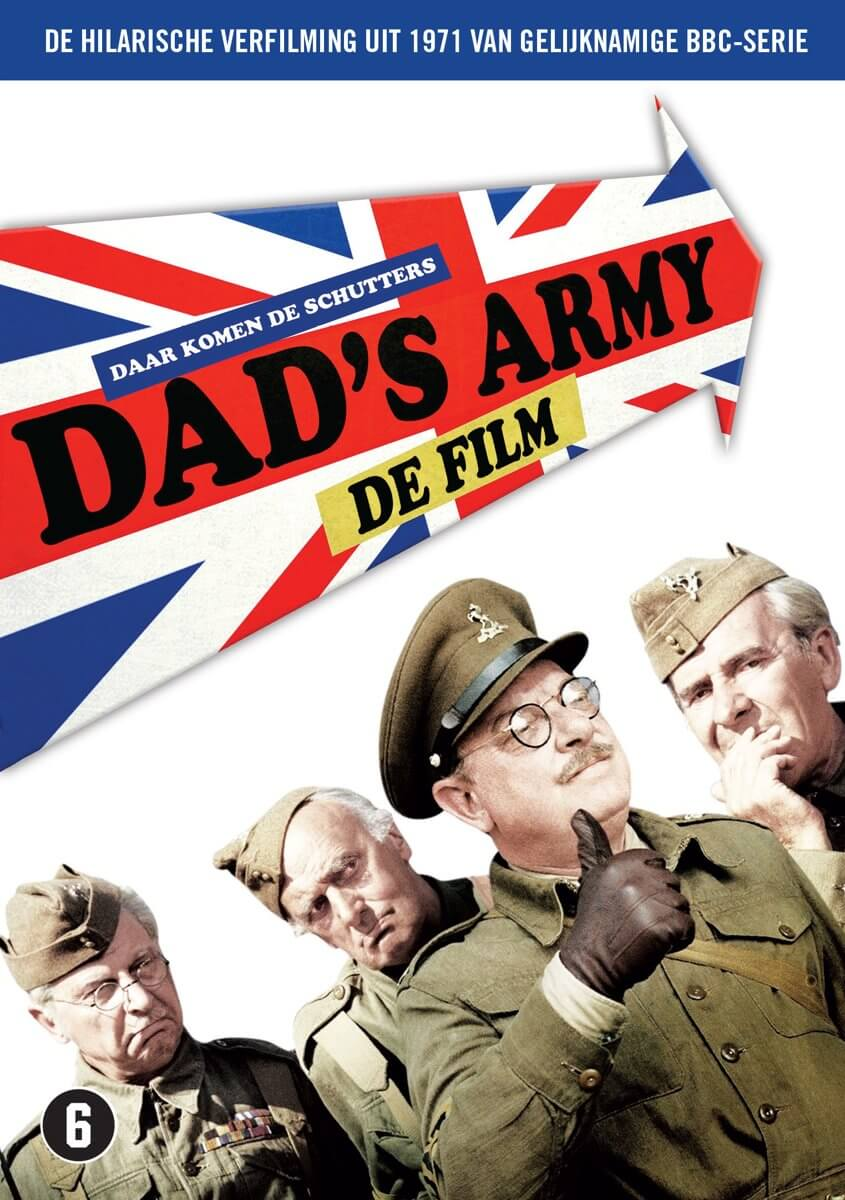 Filmposter voor 'Dad's Army', met acteurs in uniform en Union Jack vlag.