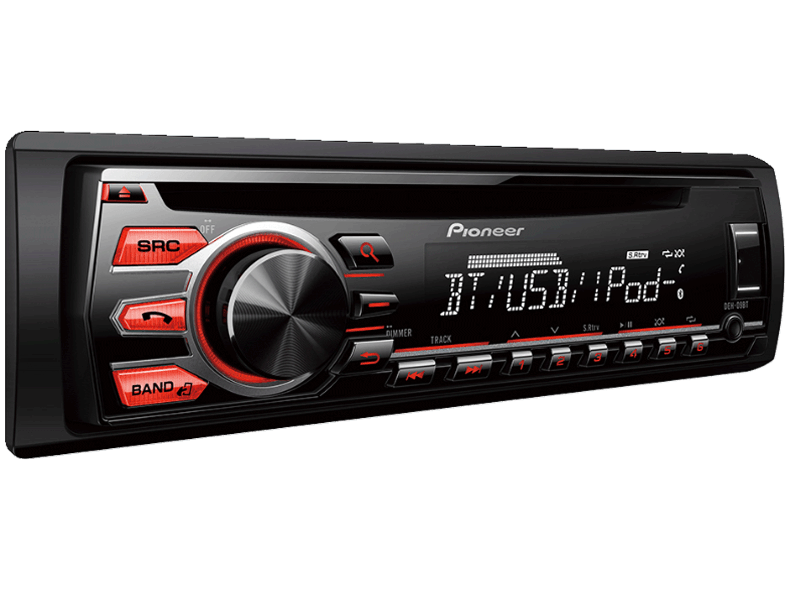 Car stereo with a Pioneer logo. It has a screen and several buttons. Black background.
