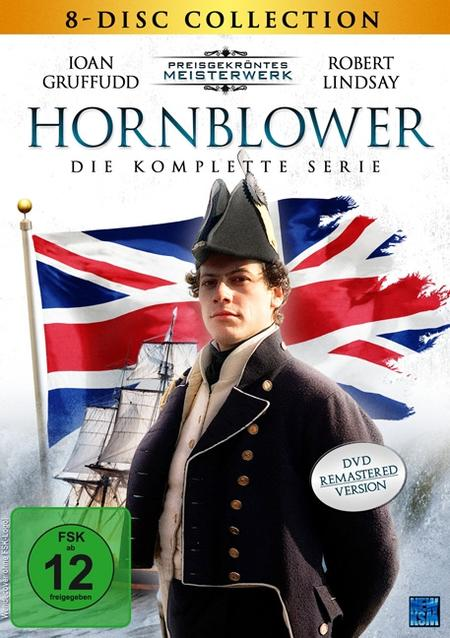 DVD-Hülle mit einem Mann in Marineuniform und einer Union-Jack-Flagge. Der Titel lautet 'Hornblower'.