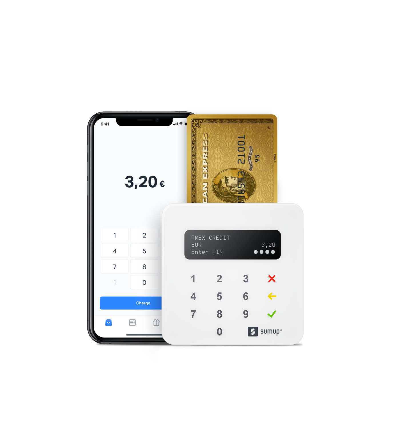 Smartphone und Zahlungsterminal. Kreditkarte eingesetzt. Anzeige zeigt 3,20 € und eine Tastatur.