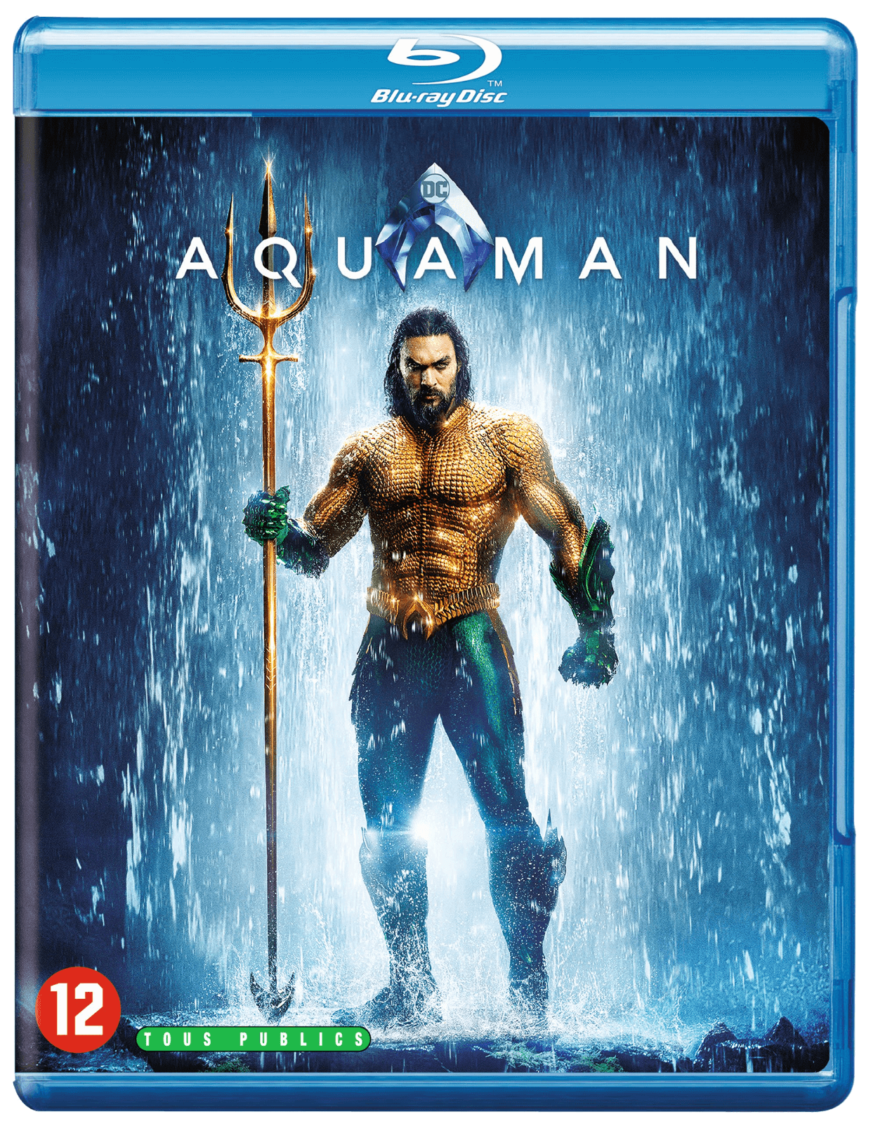 Blu-ray-hoes met Aquaman met een drietand voor een waterval.
