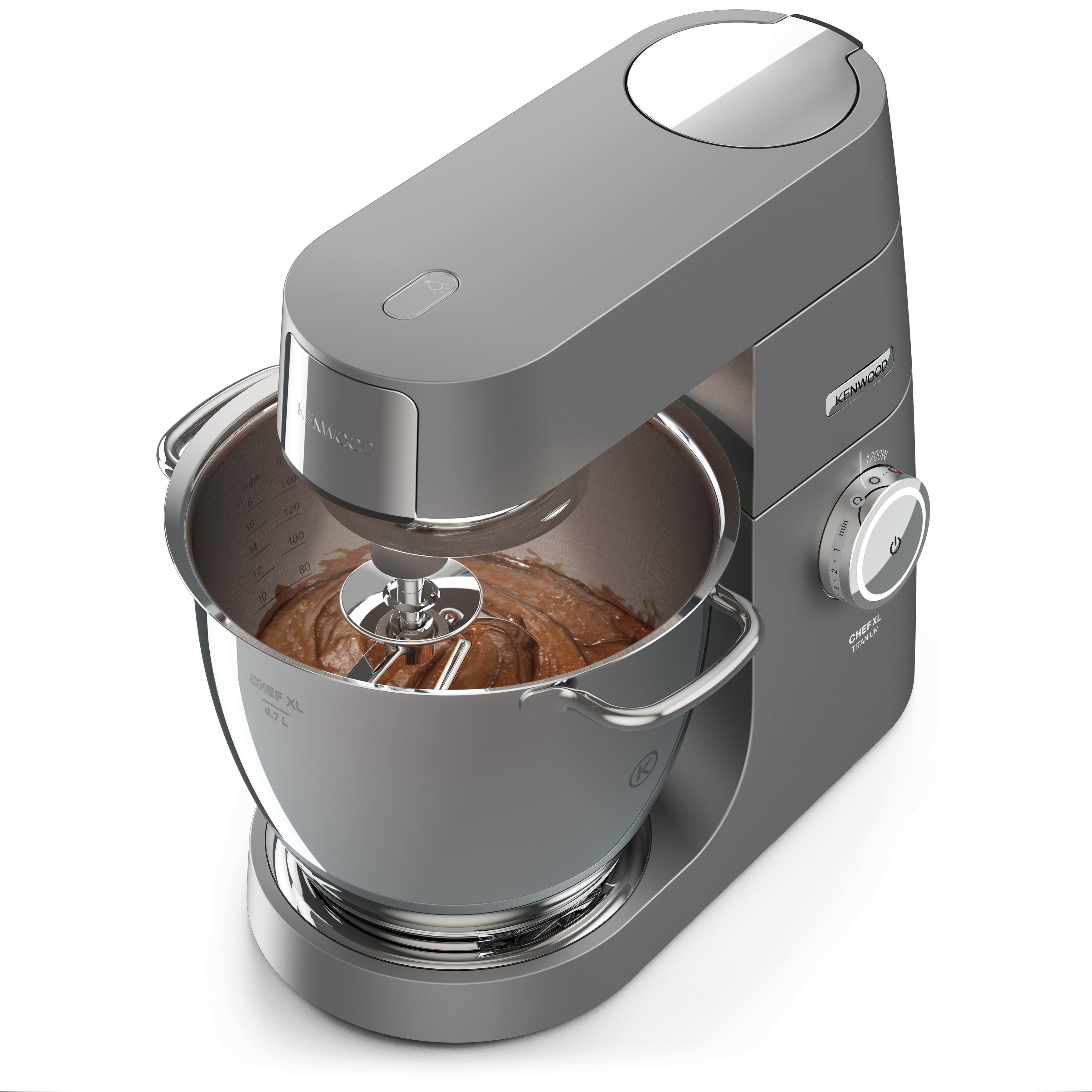 Grauer Kenwood Chef XL Mixer mit einer Schüssel voller Teig.