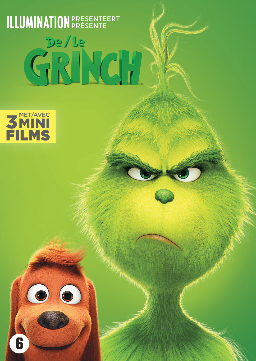 Filmposter van The Grinch. De Grinch heeft een boos gezicht en een hond naast zich.