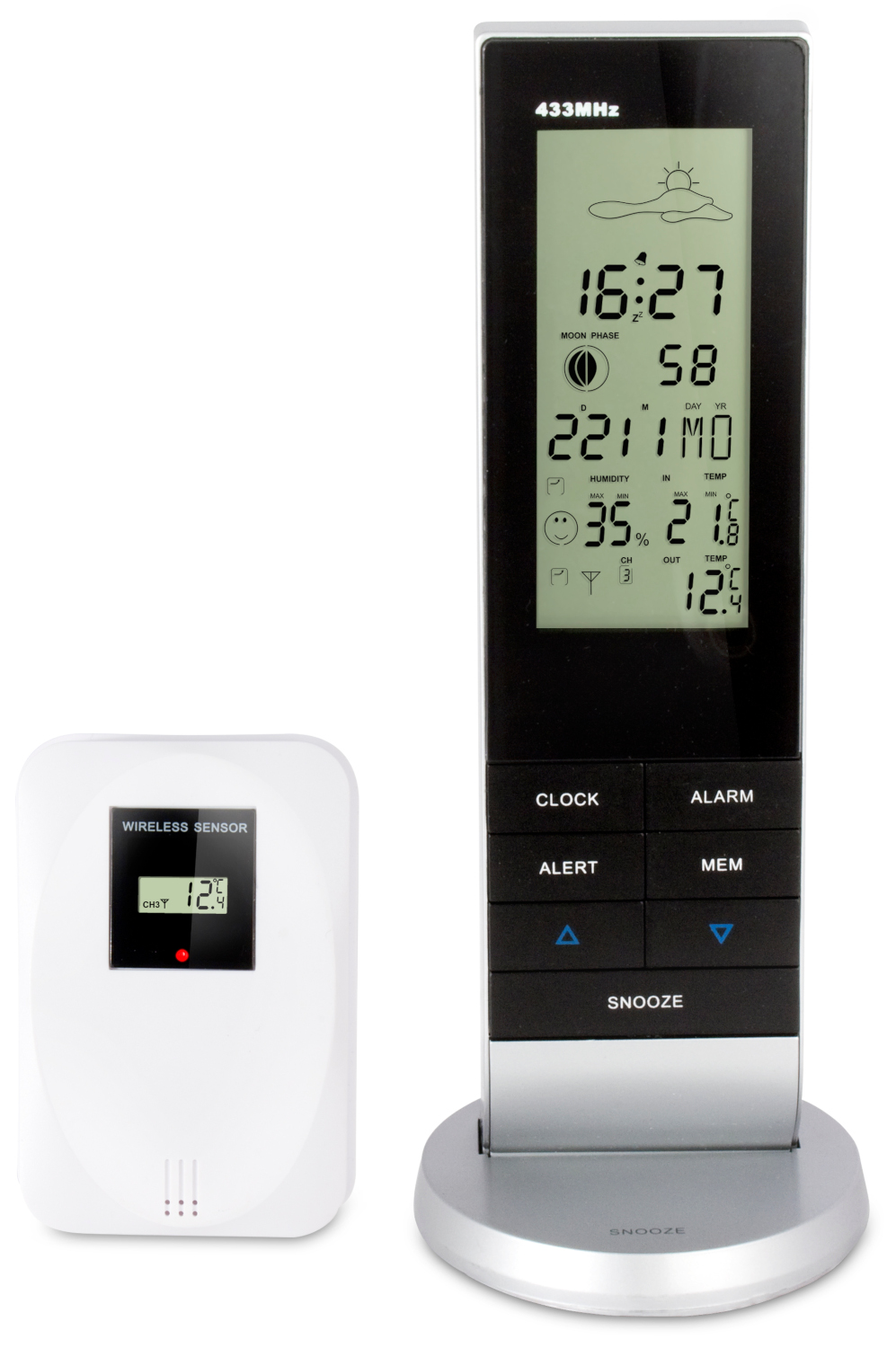 A weather station with a wireless sensor is shown.