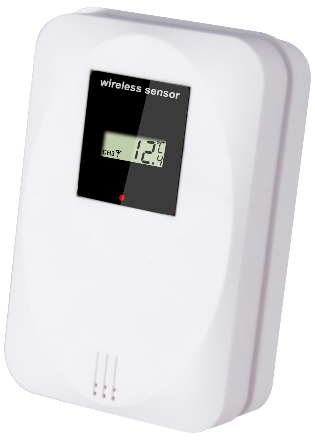 White wireless sensor with a display showing a temperature of 12.4. White background.