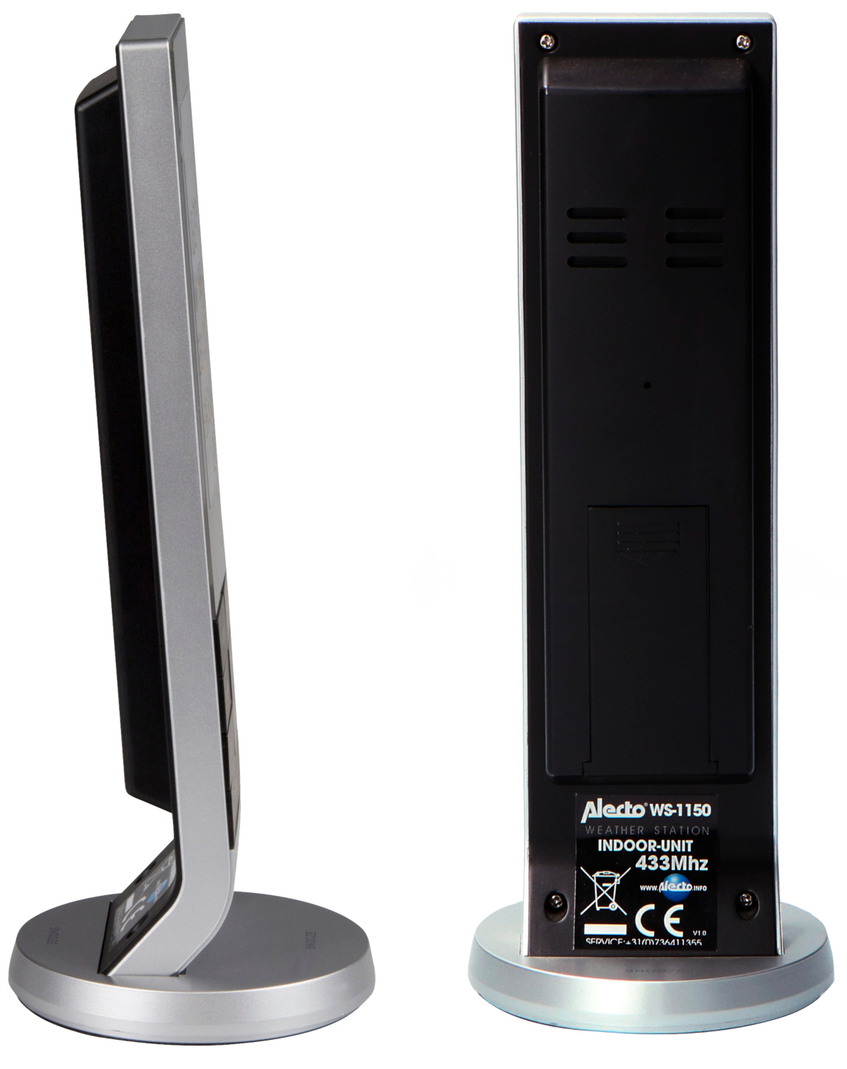 A weather station from two angles, showing time, temp, and details of the back.