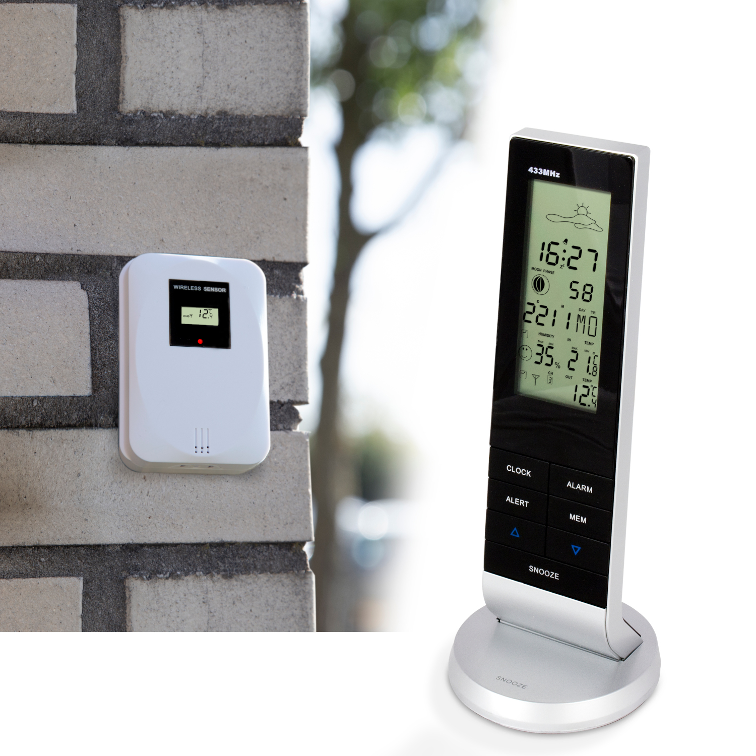A weather station. Left: White sensor on brick. Right: Display showing time, temp, and weather.