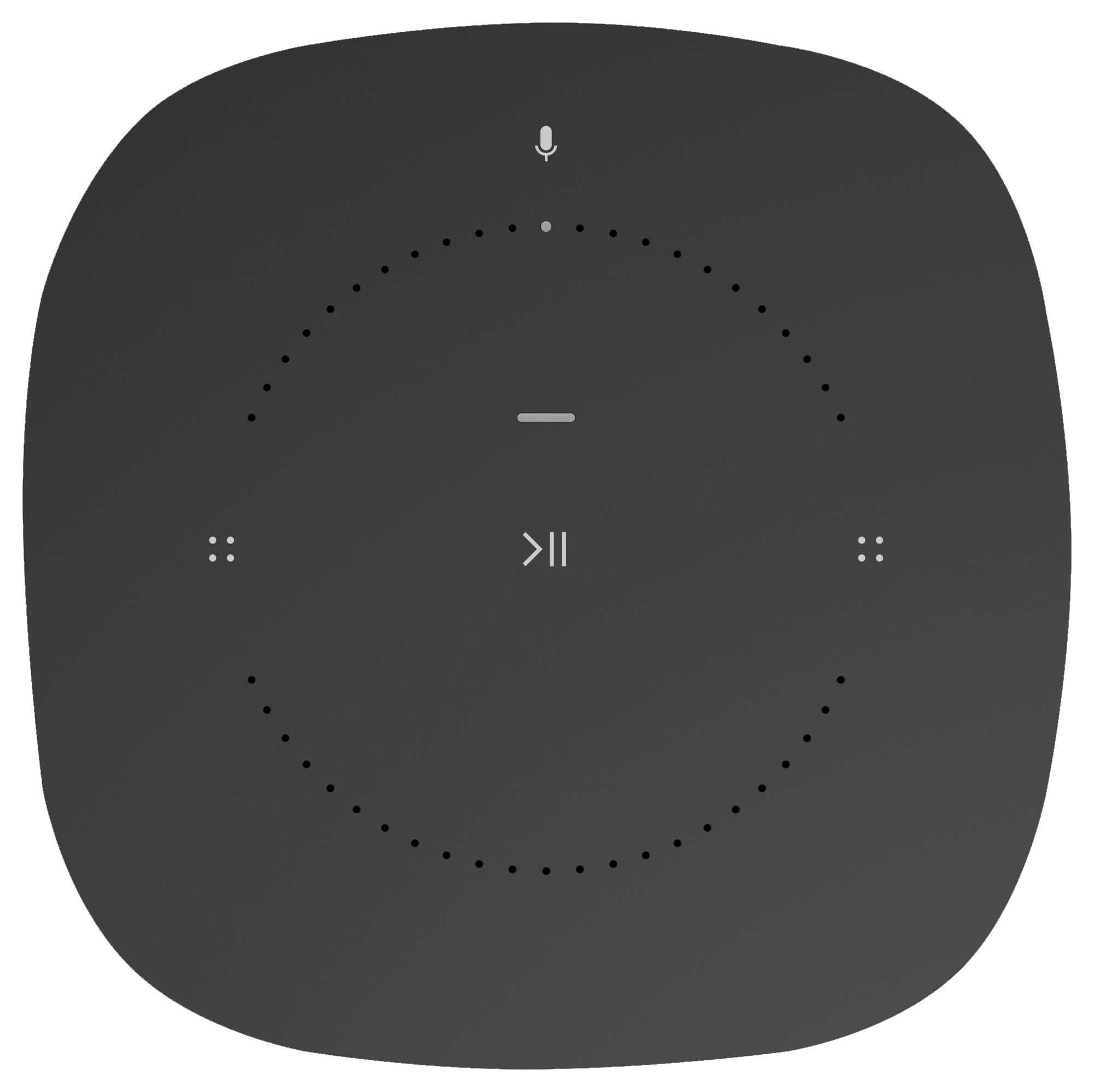 Ein schwarzer, runder Smart Speaker mit Touch-Bedienelementen oben. Es hat ein Mikrofon.