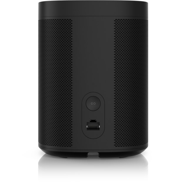 Rückseite eines schwarzen Sonos One Lautsprechers. Strom, Ethernet und Pairing.