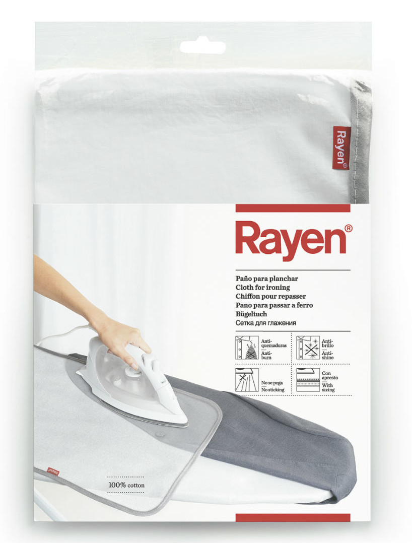 Fehér vasalóruházat csomagolása a 'Rayen' márkanévvel, néhány illusztrációval és szöveggel.
