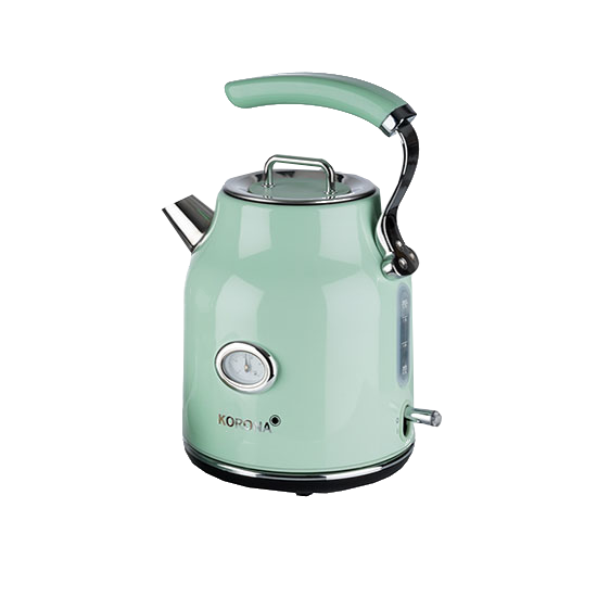 Grüner Wasserkocher im Retro-Stil mit Griff, Ausguss und Bedienelementen.