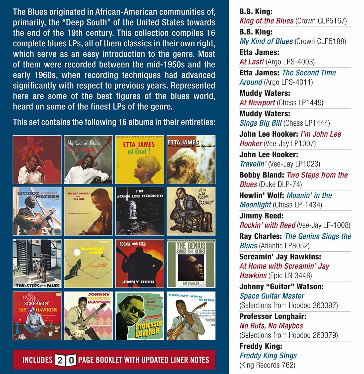 Eine Seite mit Albumcovern und Text, der Bluesmusik beschreibt, aus den 1950er und 60er Jahren.