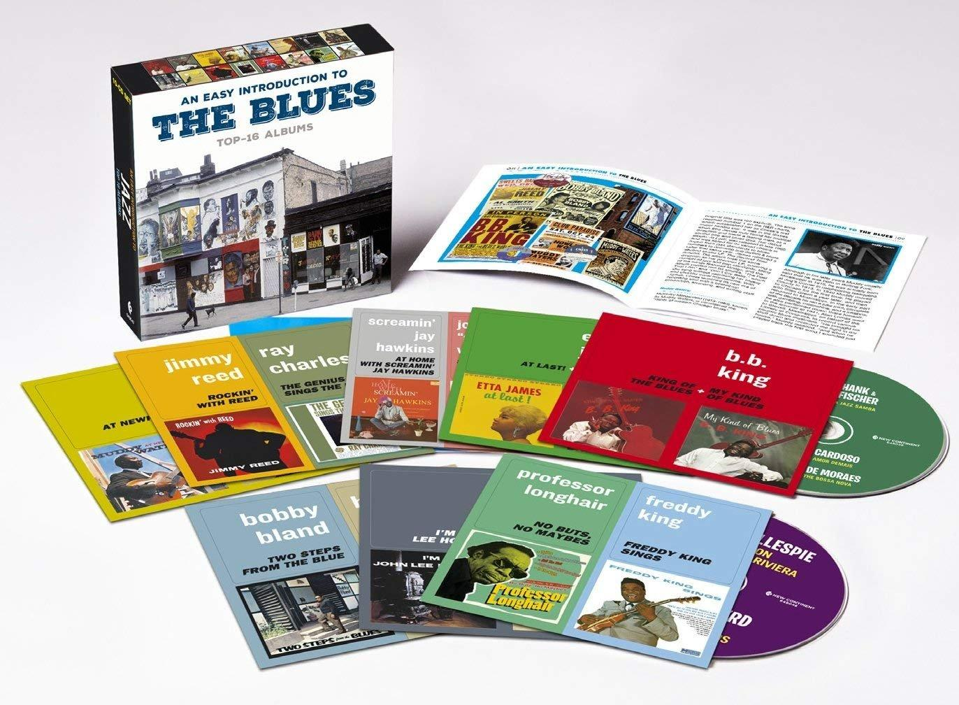 Ein Set mit Blues-Musik-Alben. Die Box ist geöffnet und zeigt Albumcover und CDs.