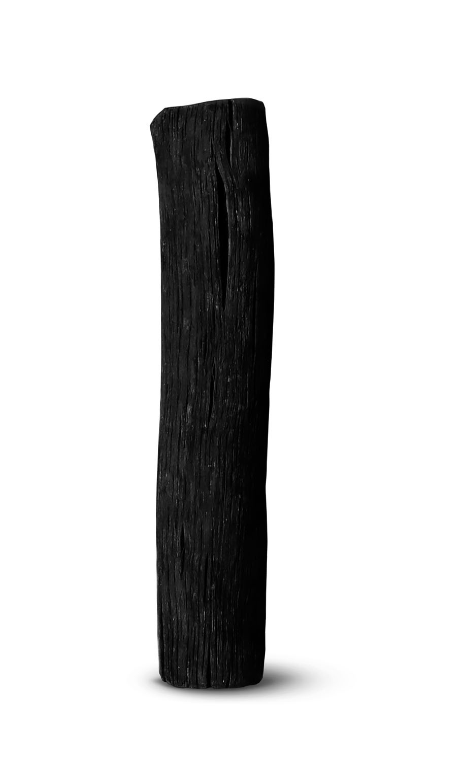 Ein hohes, schwarzes, strukturiertes Holzstück, das vertikal vor weißem Hintergrund steht.