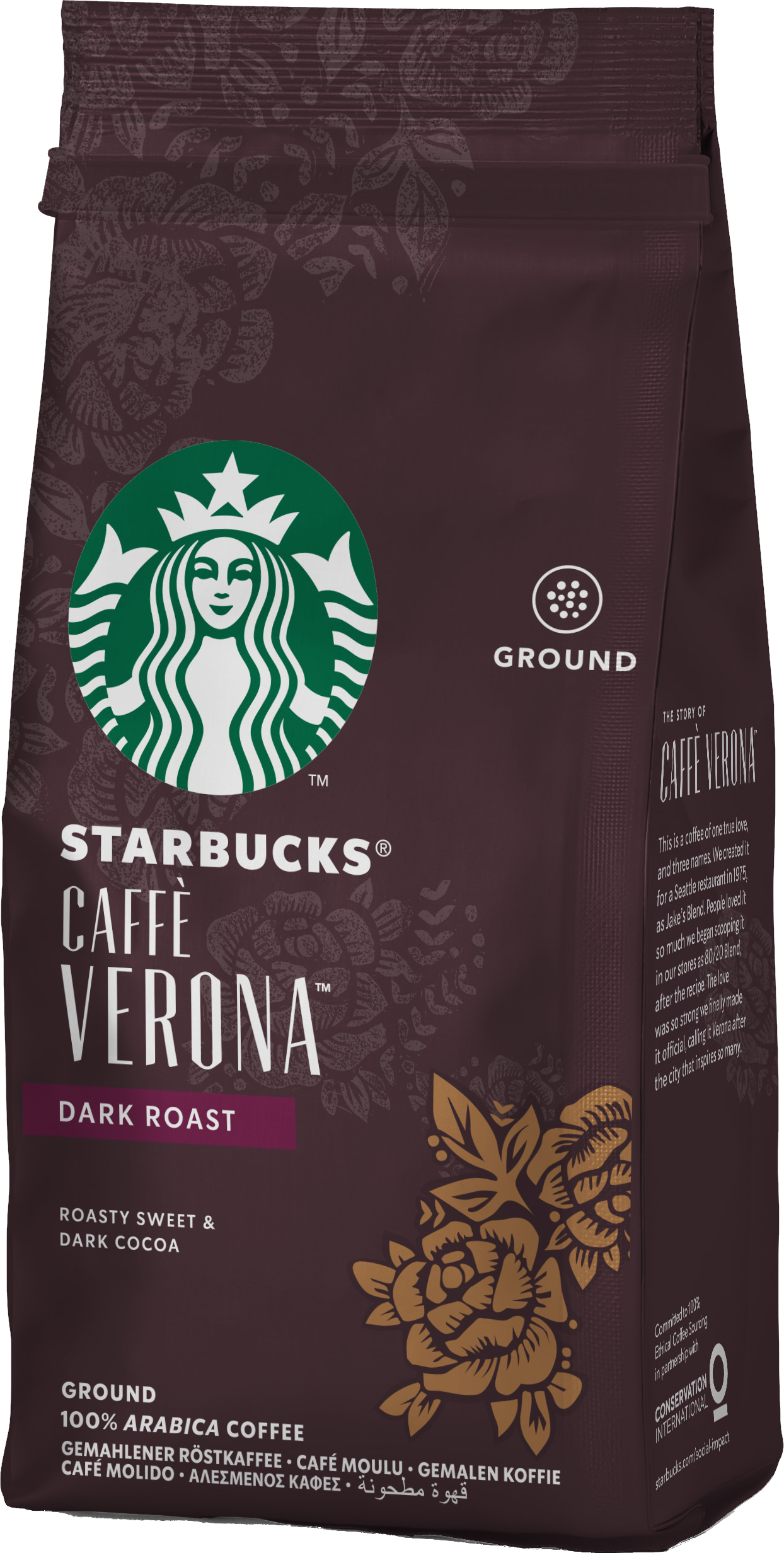 Starbucks Caffe Verona koffiezak. Donkerbruin met logo en tekst. Bevat gemalen, 100% Arabica koffie.