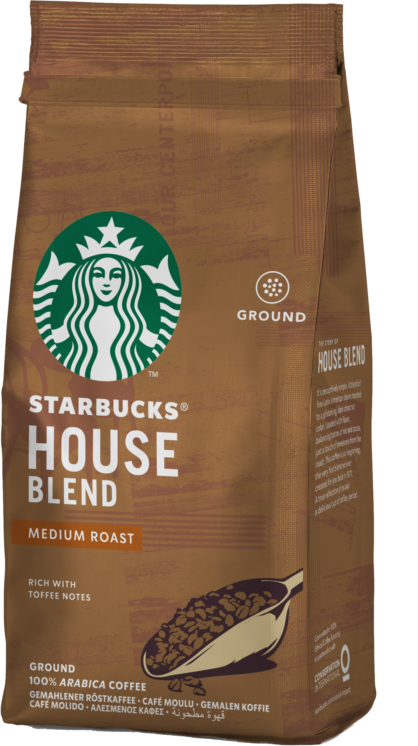 Sac de café Starbucks House Blend. Logo vert, sac marron, texte et grains de café.