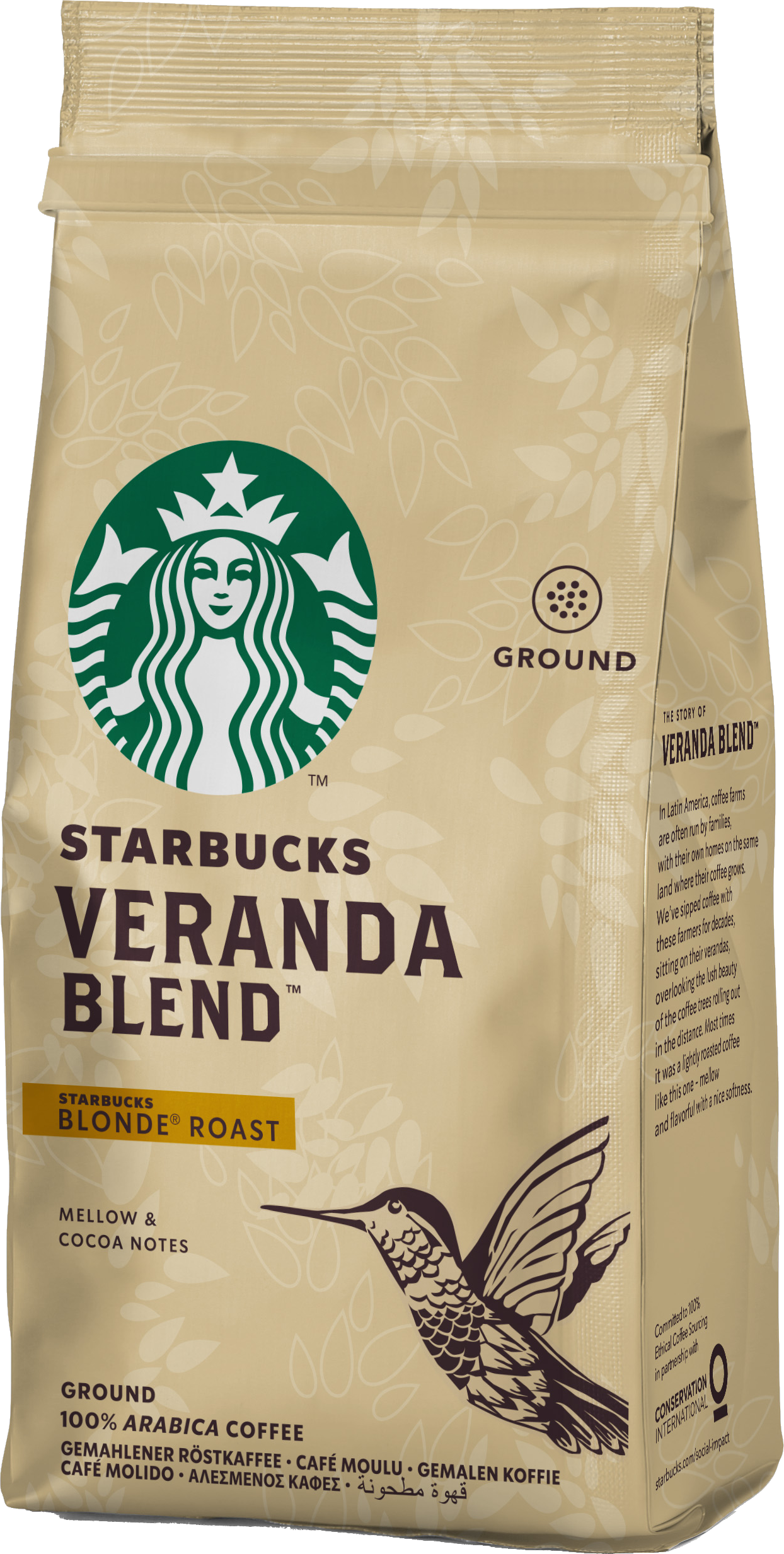 Starbucks Veranda Blend koffiezak. Groen Starbucks-logo. Blonde branding. Kolibrie-illustratie. Beige achtergrond met bladerpatronen.