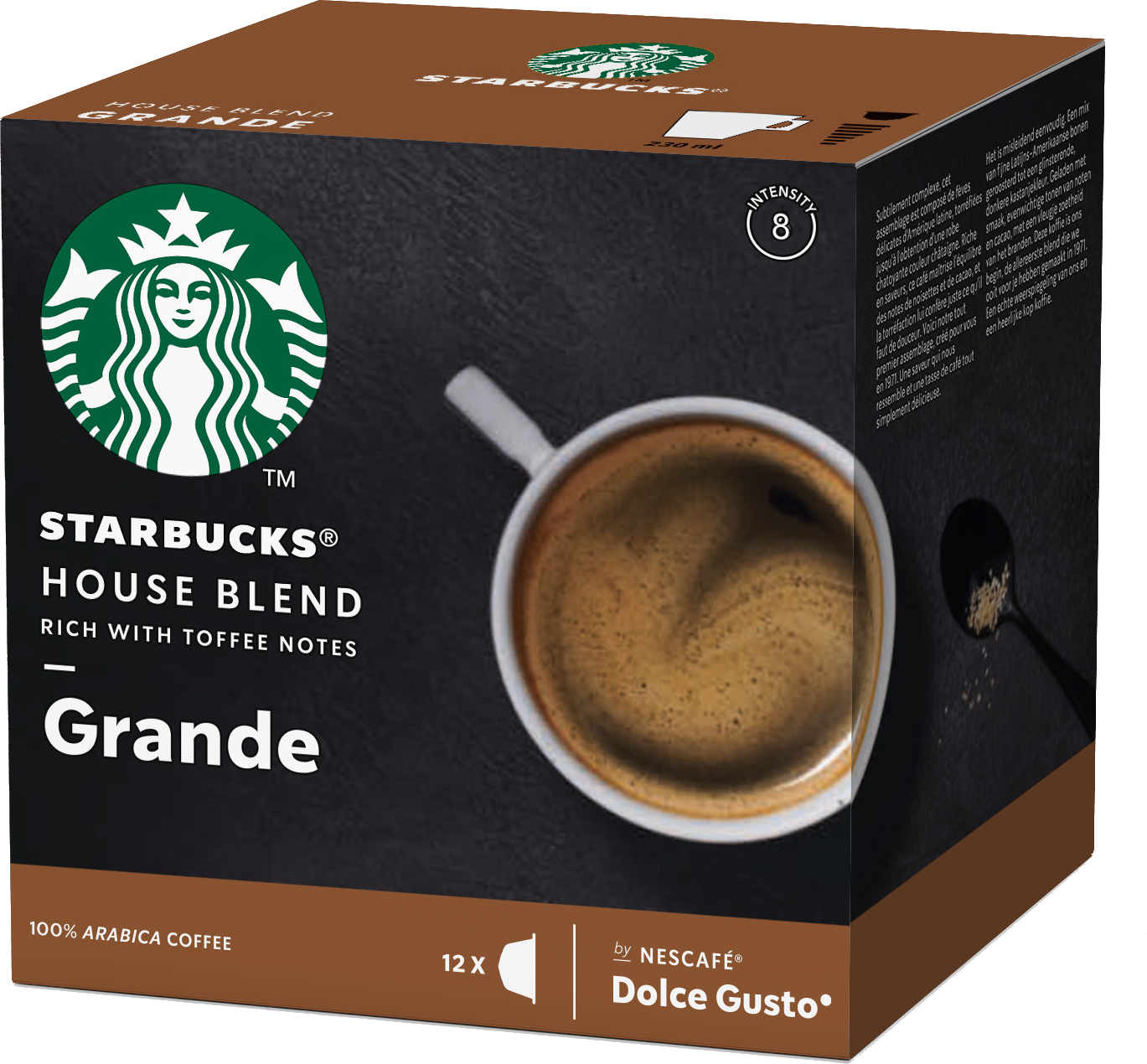 Starbucks Grande koffiepadsdoos met een kopje koffie in het midden. Bruin en zwart.