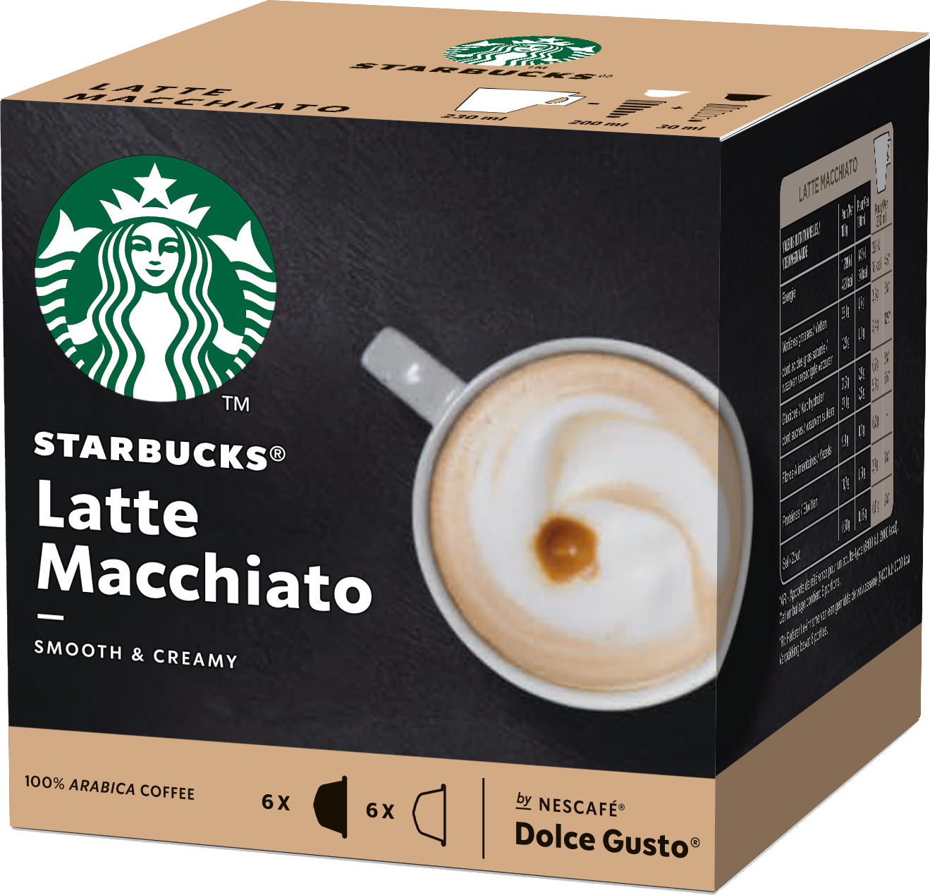 Starbucks Latte Macchiato-doos met een kopje koffie en tekst op een zwarte achtergrond.