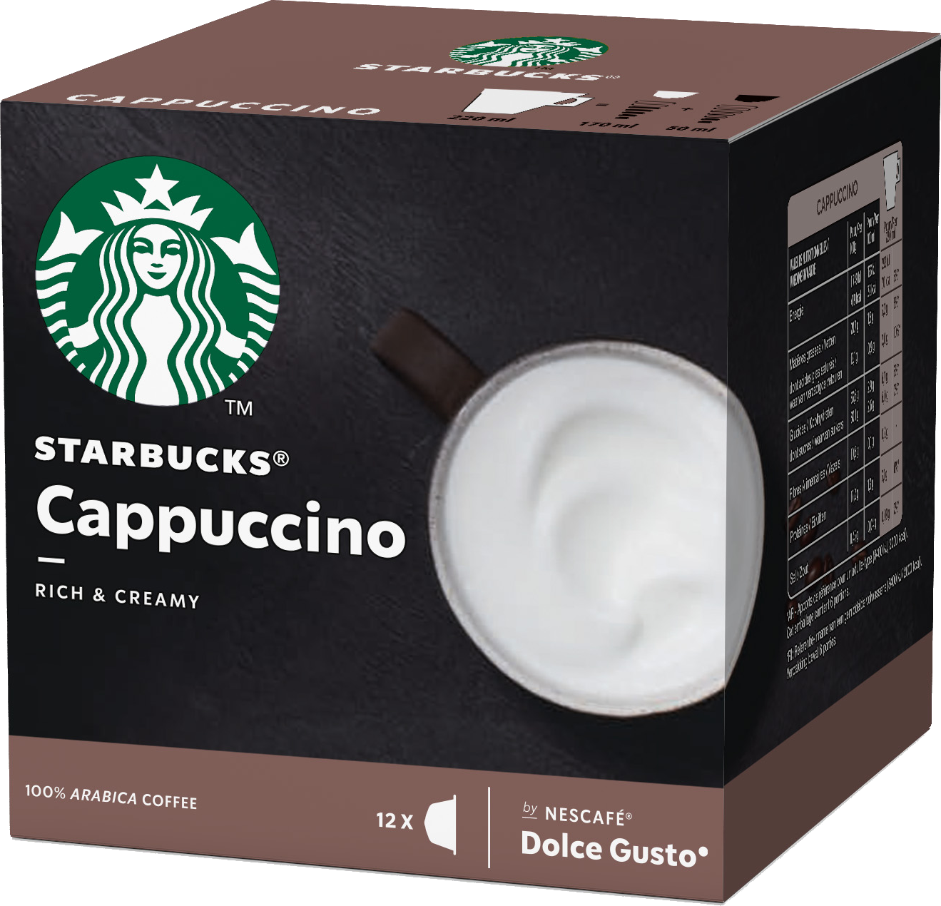 Boîte Starbucks Cappuccino avec une tasse et des détails. Indique 'Rich & Creamy', 12 x Dolce Gusto.