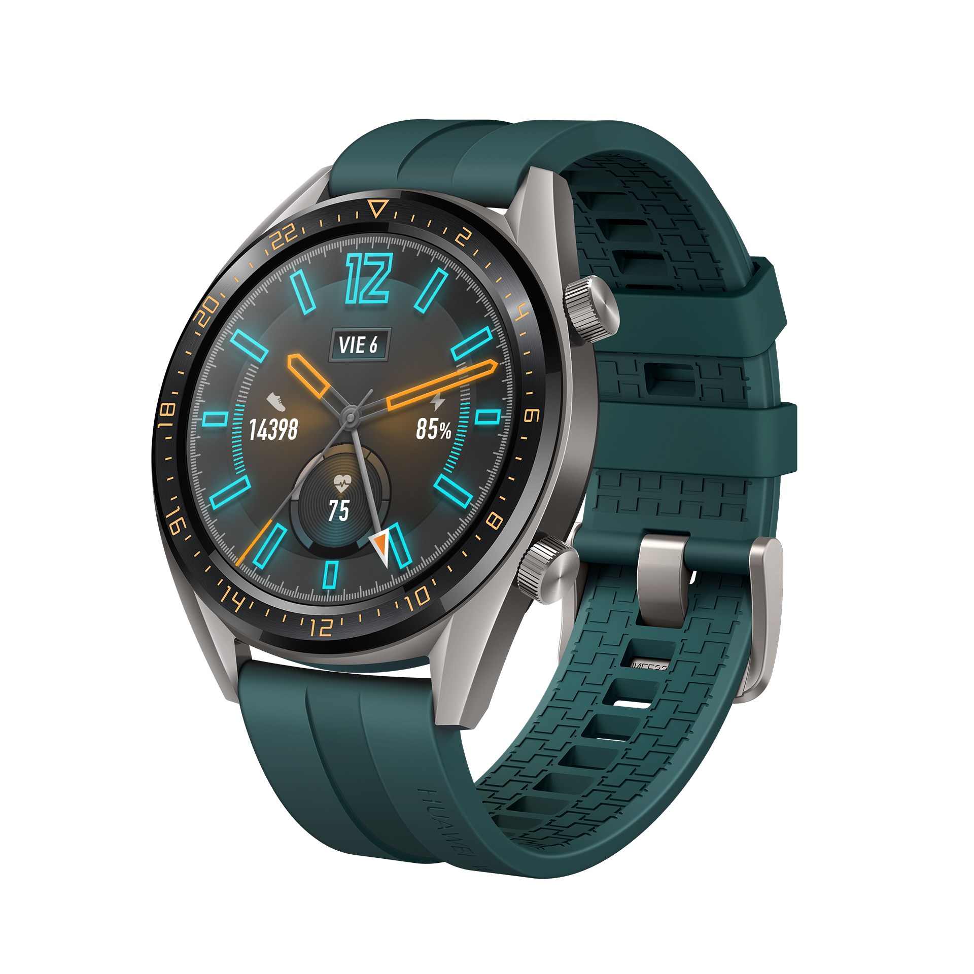 Smartwatch con correa verde, caja plateada y pantalla digital mostrando datos.