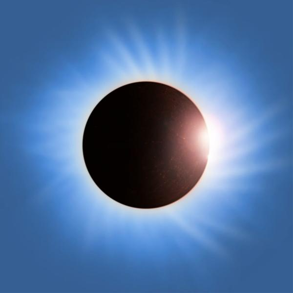 Bild einer Sonnenfinsternis, dunkler Kreis in der Mitte, helles Licht drumherum.