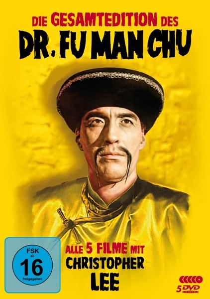 DVD-Cover, Dr. Fu Manchu in gelbem Kostüm mit schwarzem Hut. Gelber Hintergrund.