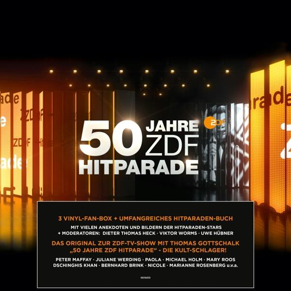 50 Jahre ZDF Hitparade Box-Set. Text und Bilder auf dunklem Hintergrund. Goldener Text.