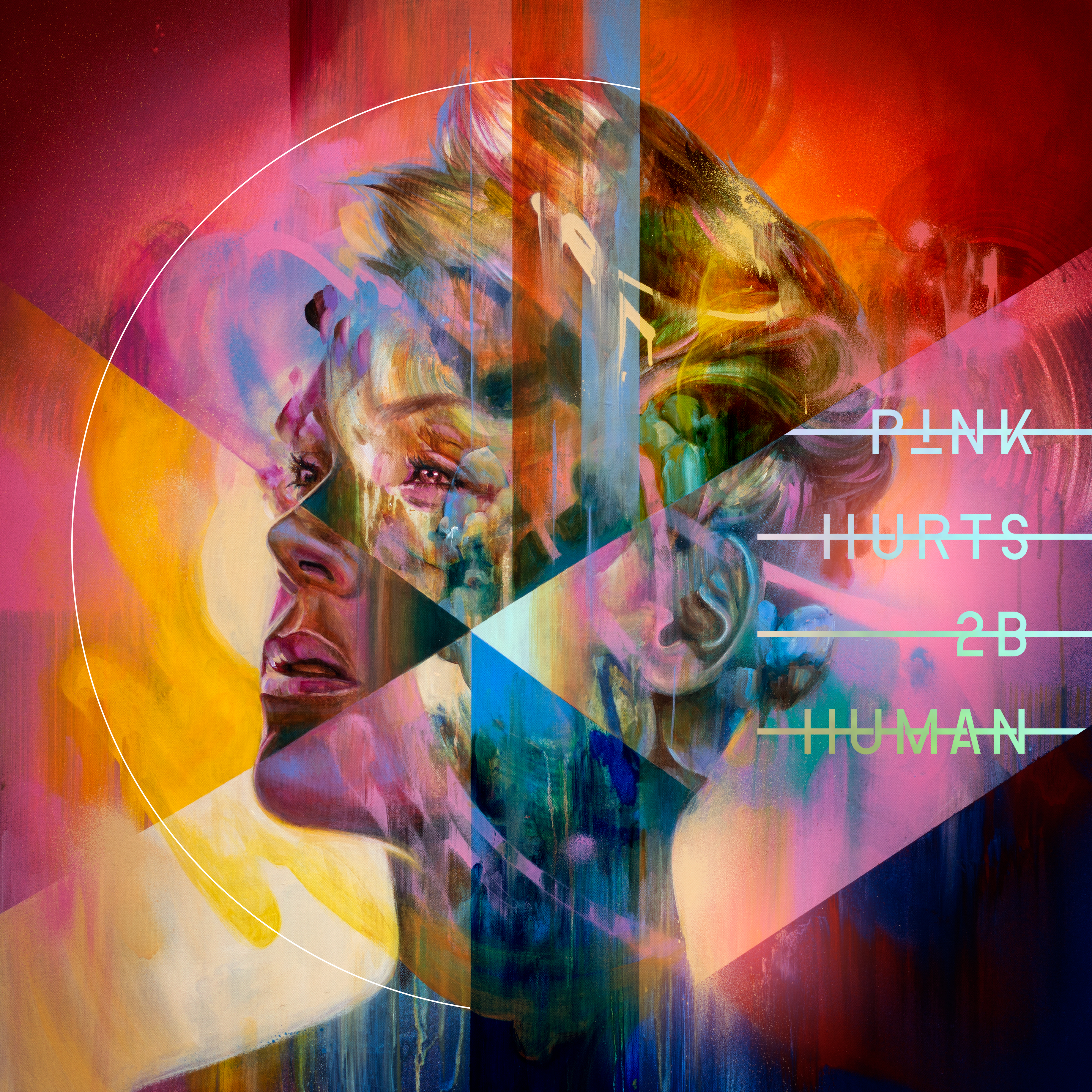 Albumcover mit einem abstrakten Porträt einer Frau mit bunten geometrischen Formen und Text.