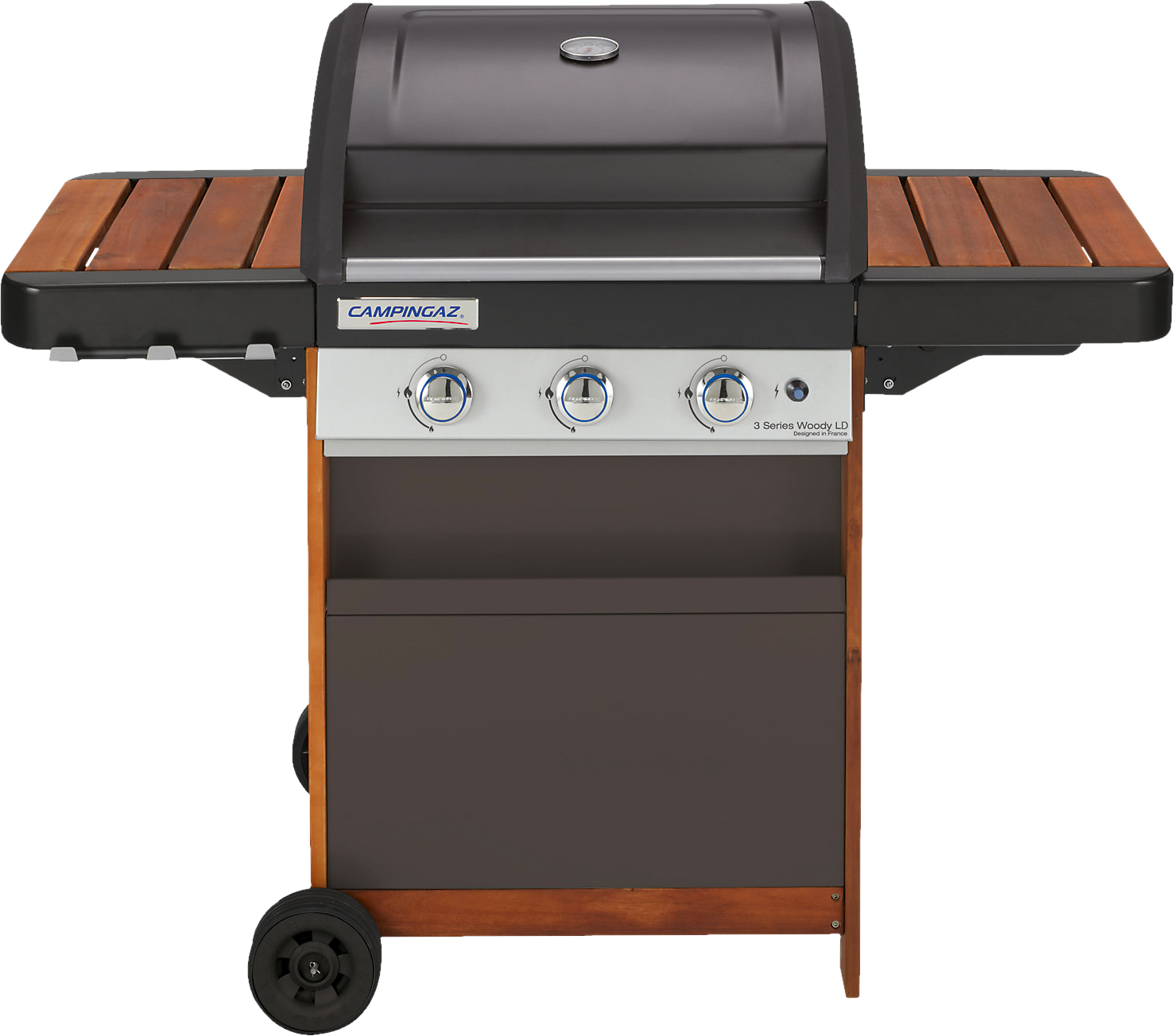 Ein schwarzer und grauer Grill mit Holzregalen und einem braunen Schrank auf Rädern.