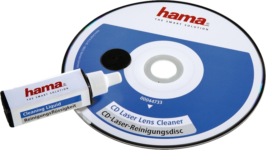 Kit pulitore per lenti laser CD, bianco e nero con accenti blu. Marchio Hama visibile.