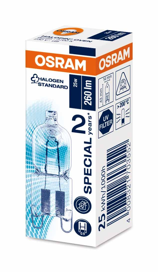Lampadina alogena per forno Osram, 25 W, 260 lm, attacco G9 in confezione bianca e arancione.