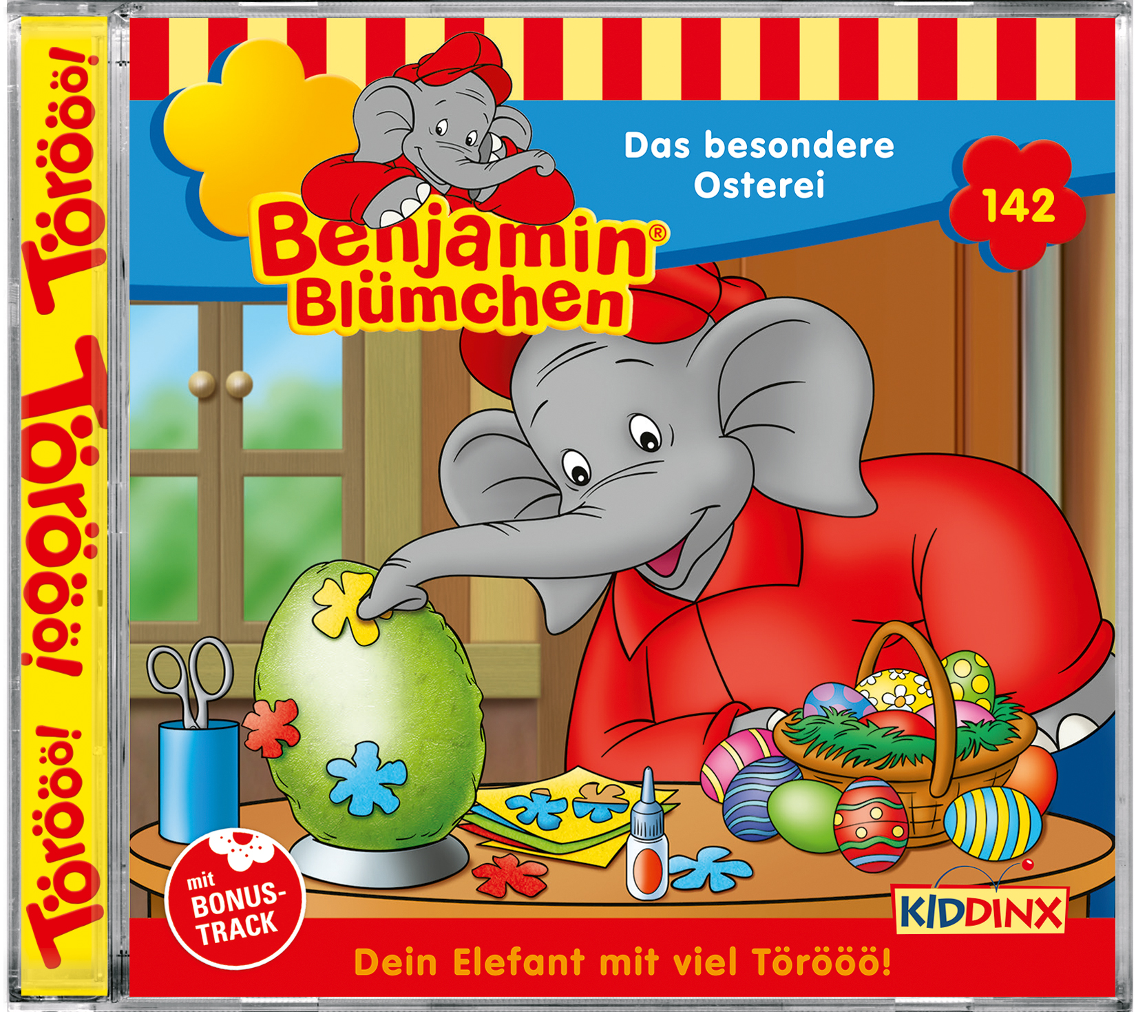 Albumcover mit einem Cartoon-Elefanten und Text. Titel: Benjamin Blümchen. Das besondere Osterei.