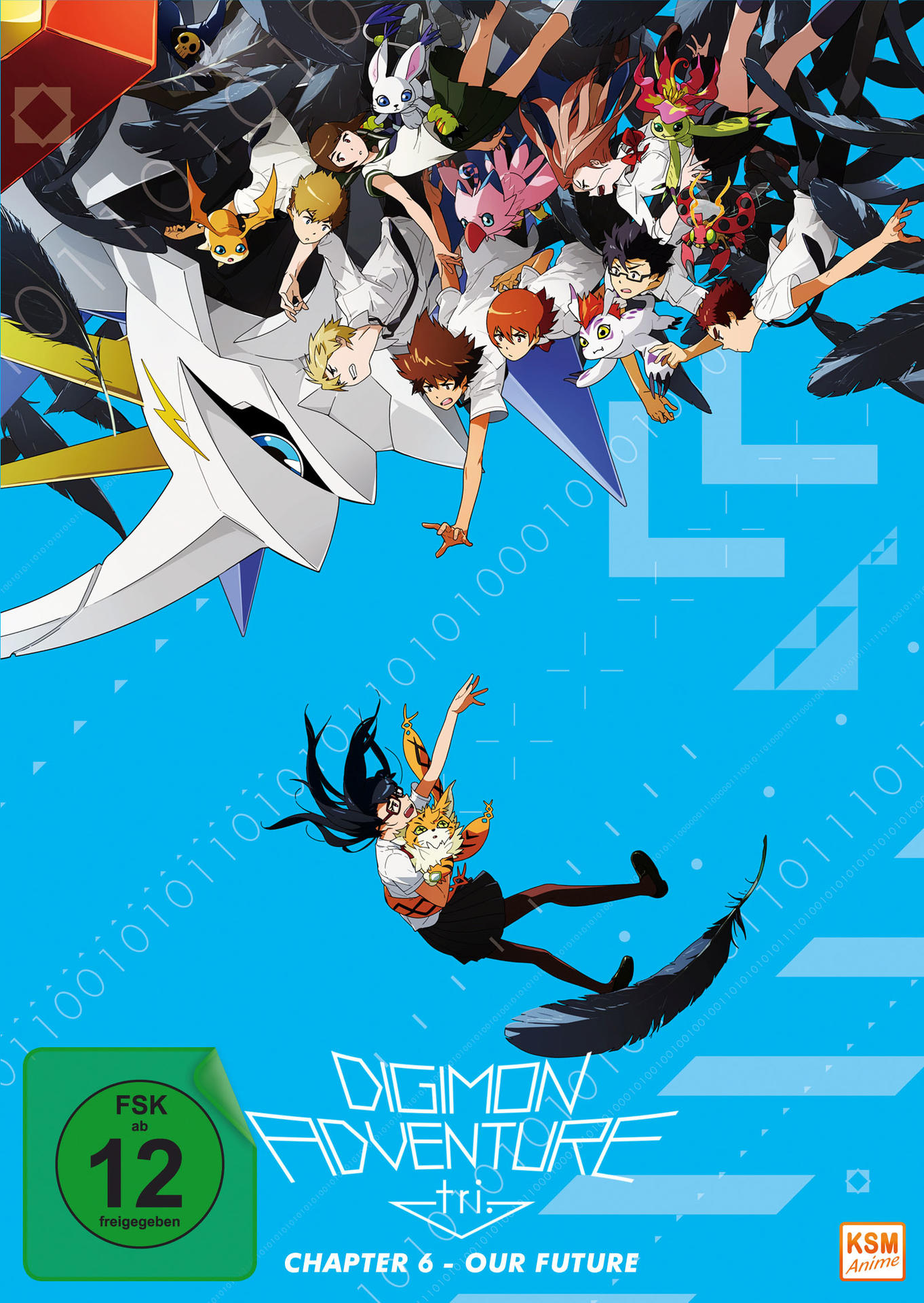 Anime-DVD-Cover mit Charakteren, die vom Himmel fallen, umgeben von digitalem Text.